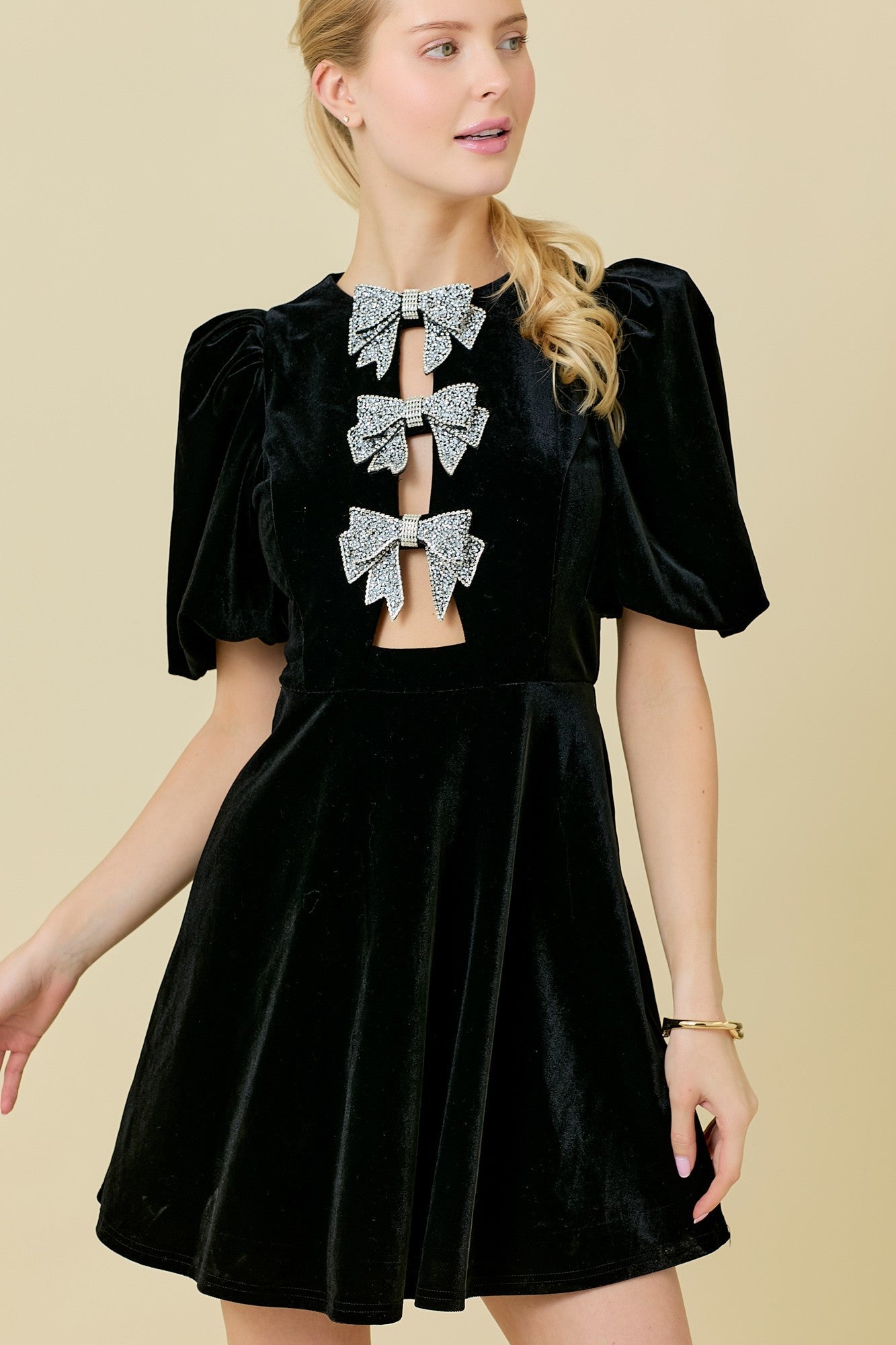 Kind Curtsy Bow-Embellished Velvet Mini Dress