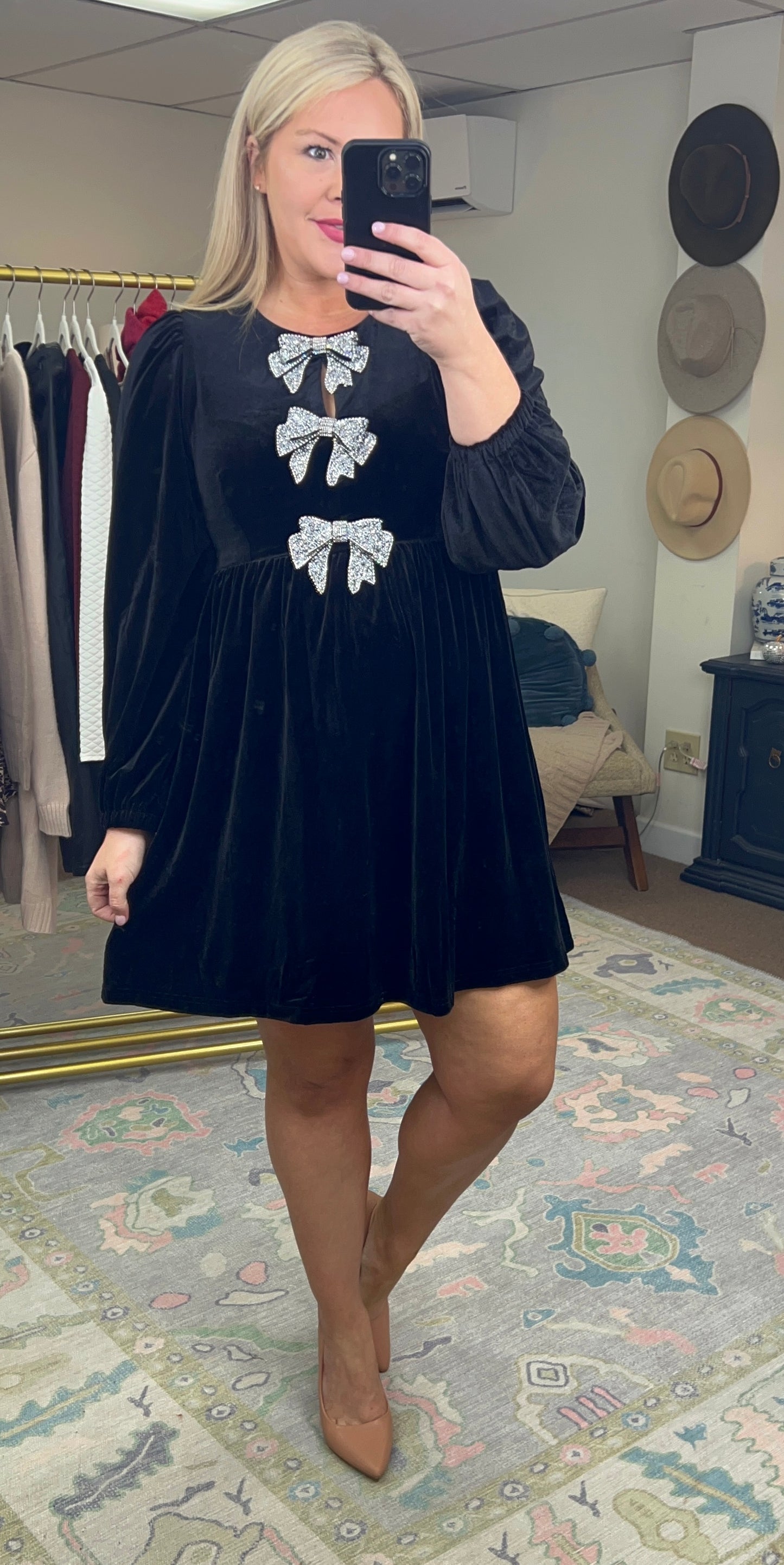 There You Glow Bow-Embellished Velvet Dress