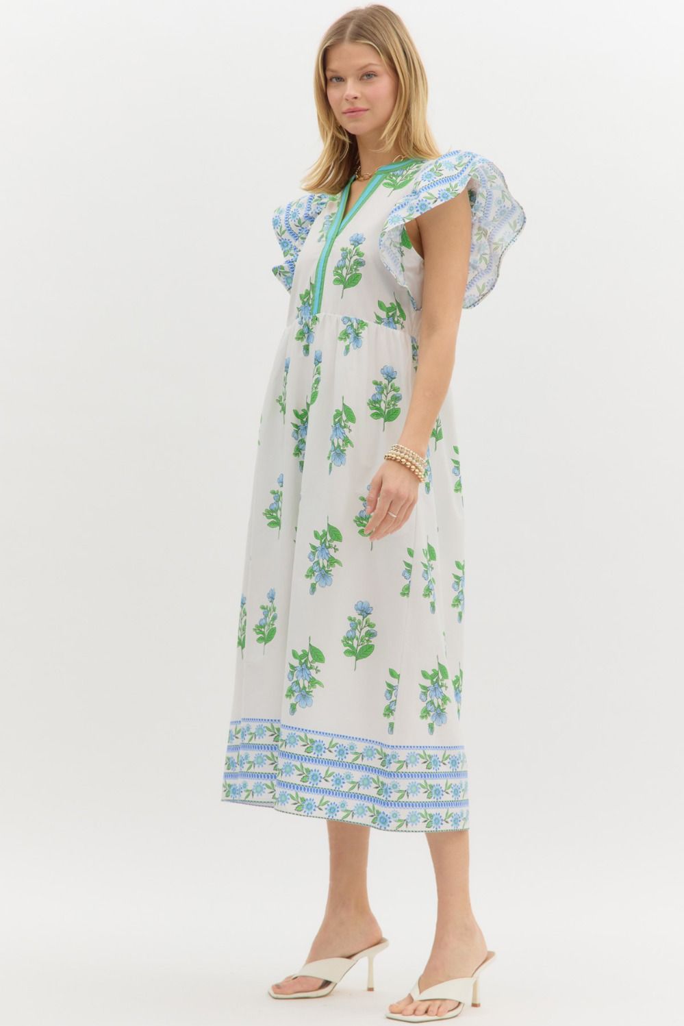 I Do Declare Printed Flutter Sleeve Midi Dress