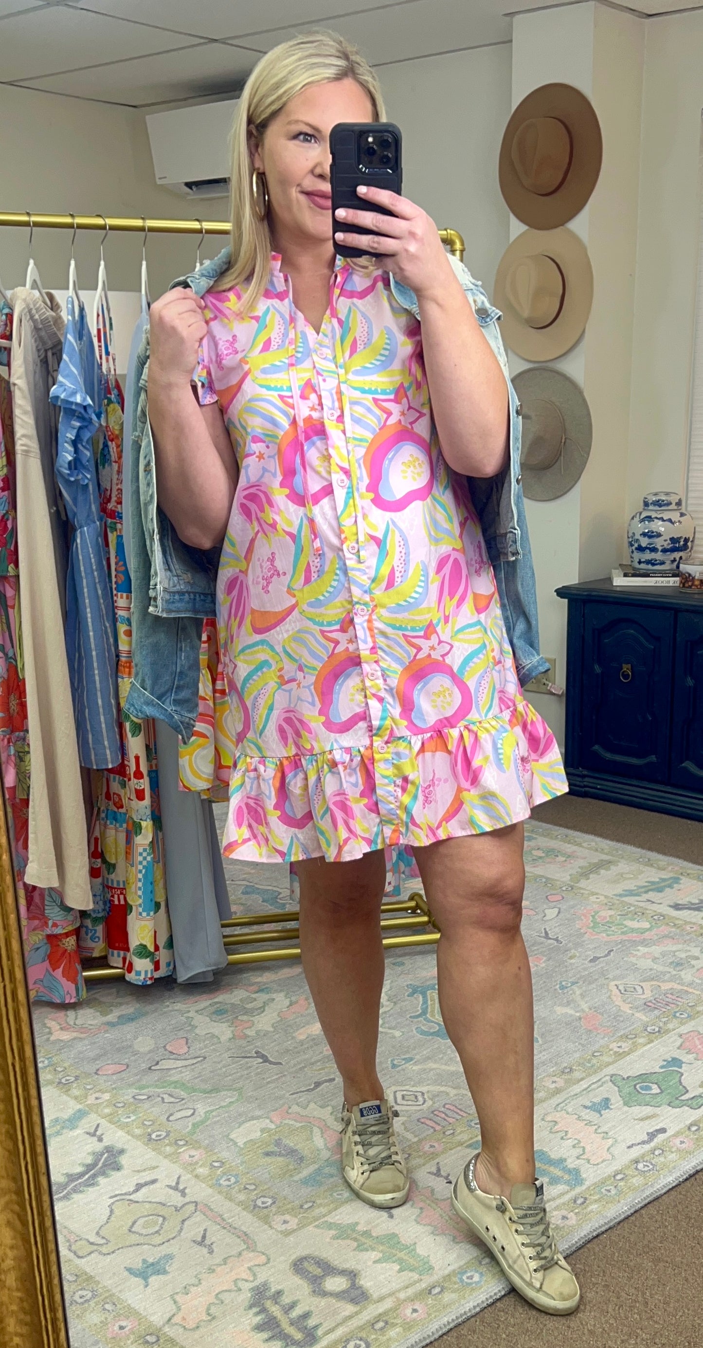 Summer Frills Print Button Down Dress