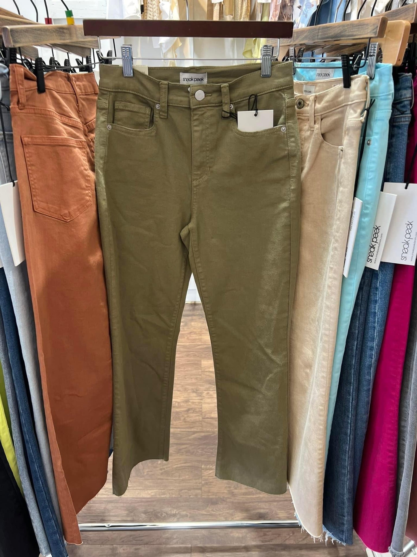 Faded Olive Denim Raw Hem Kick Flare Denim