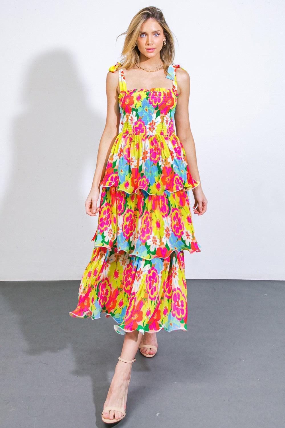 Twirls in Tulum Pleated Tiered Tie Strap Midi Dress