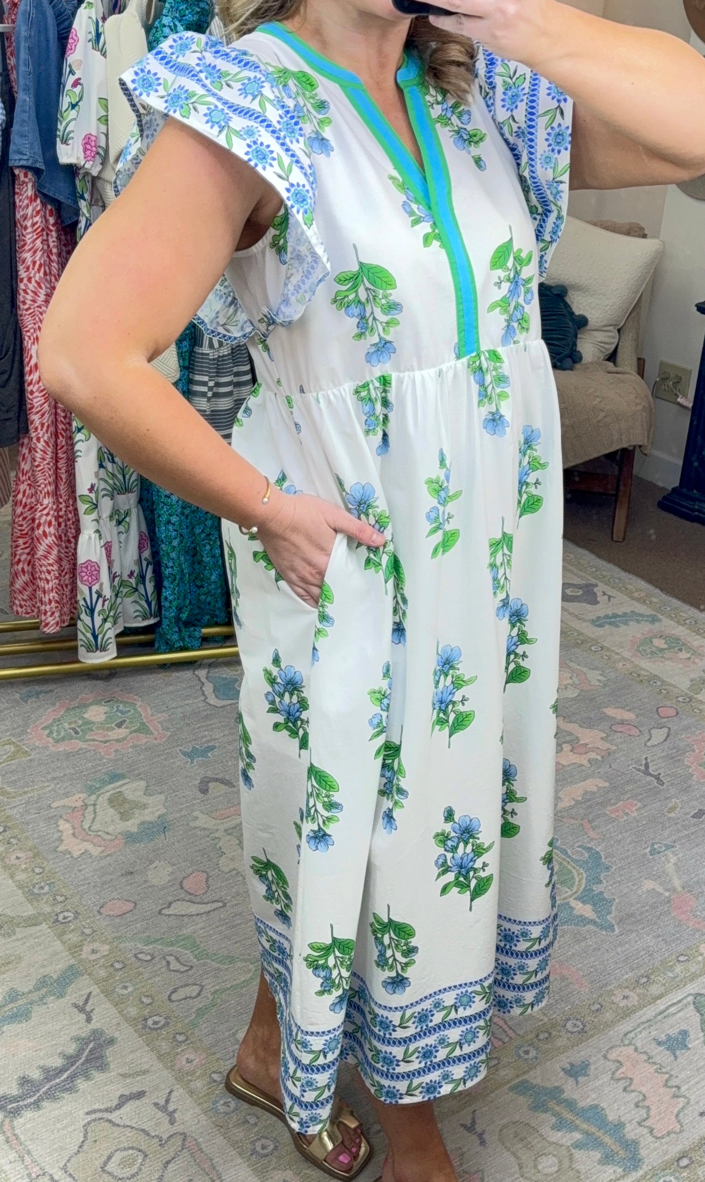 I Do Declare Printed Flutter Sleeve Midi Dress