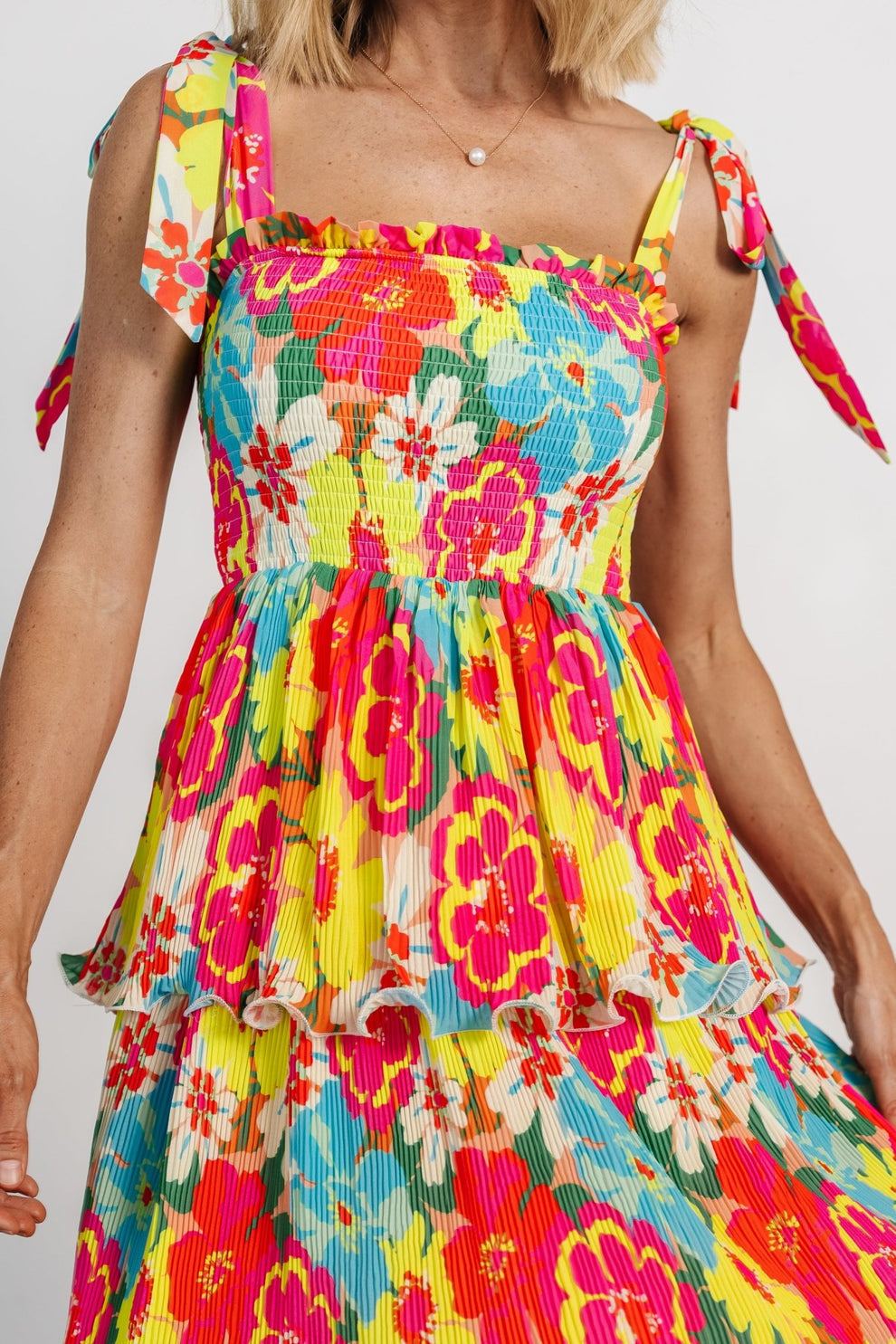 Twirls in Tulum Pleated Tiered Tie Strap Midi Dress