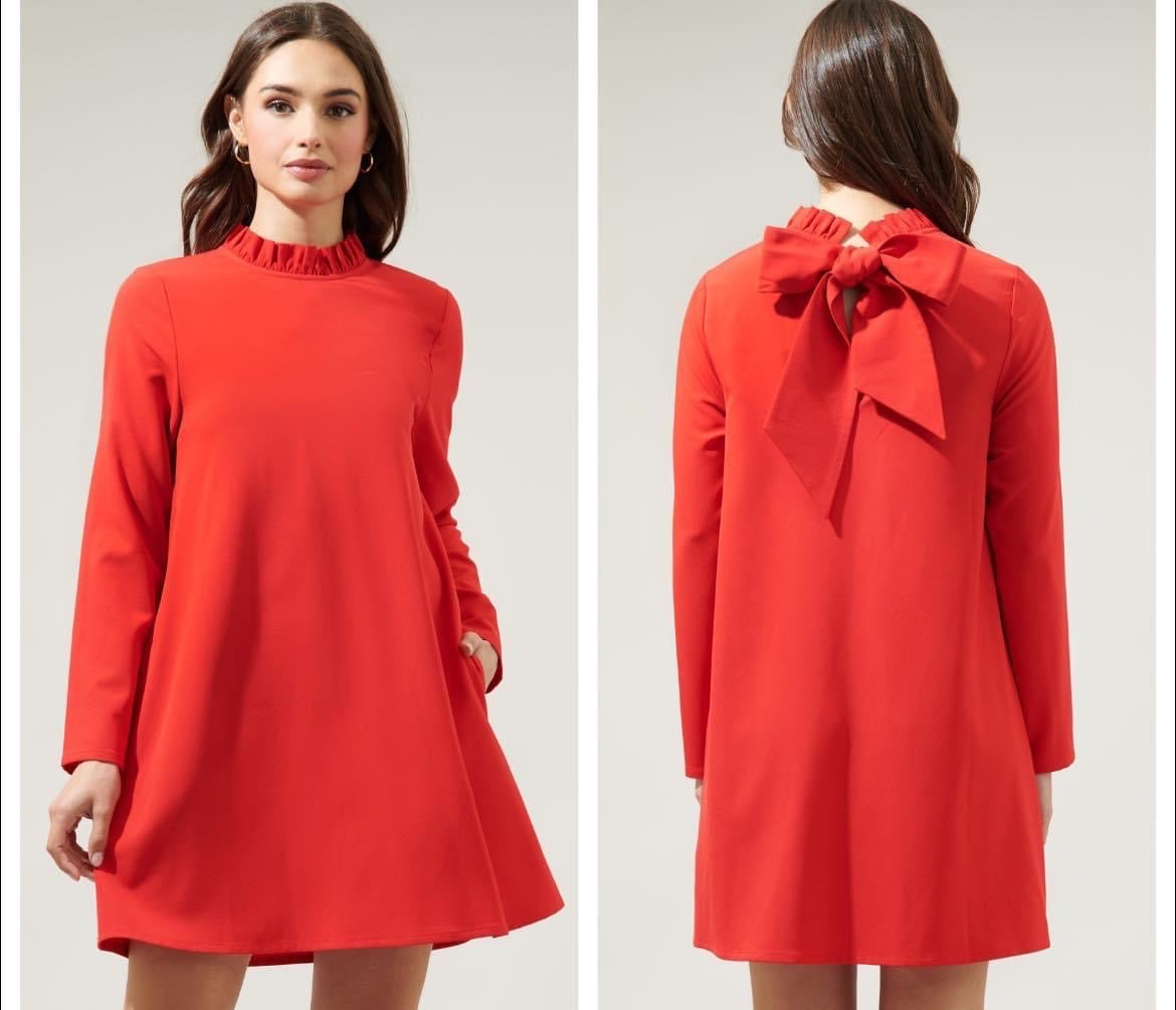 Bow Back Ruffle Neck Dress