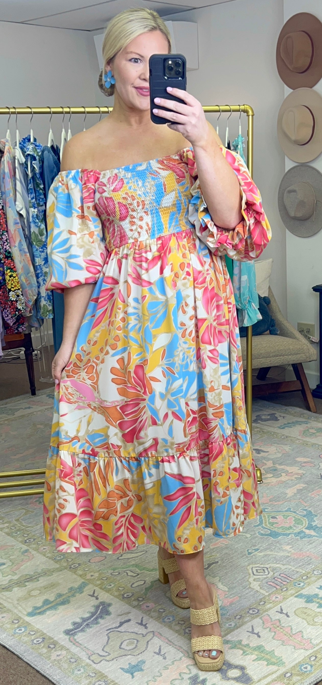Somewhere Tropical Print Puff Sleeve Midi Dress