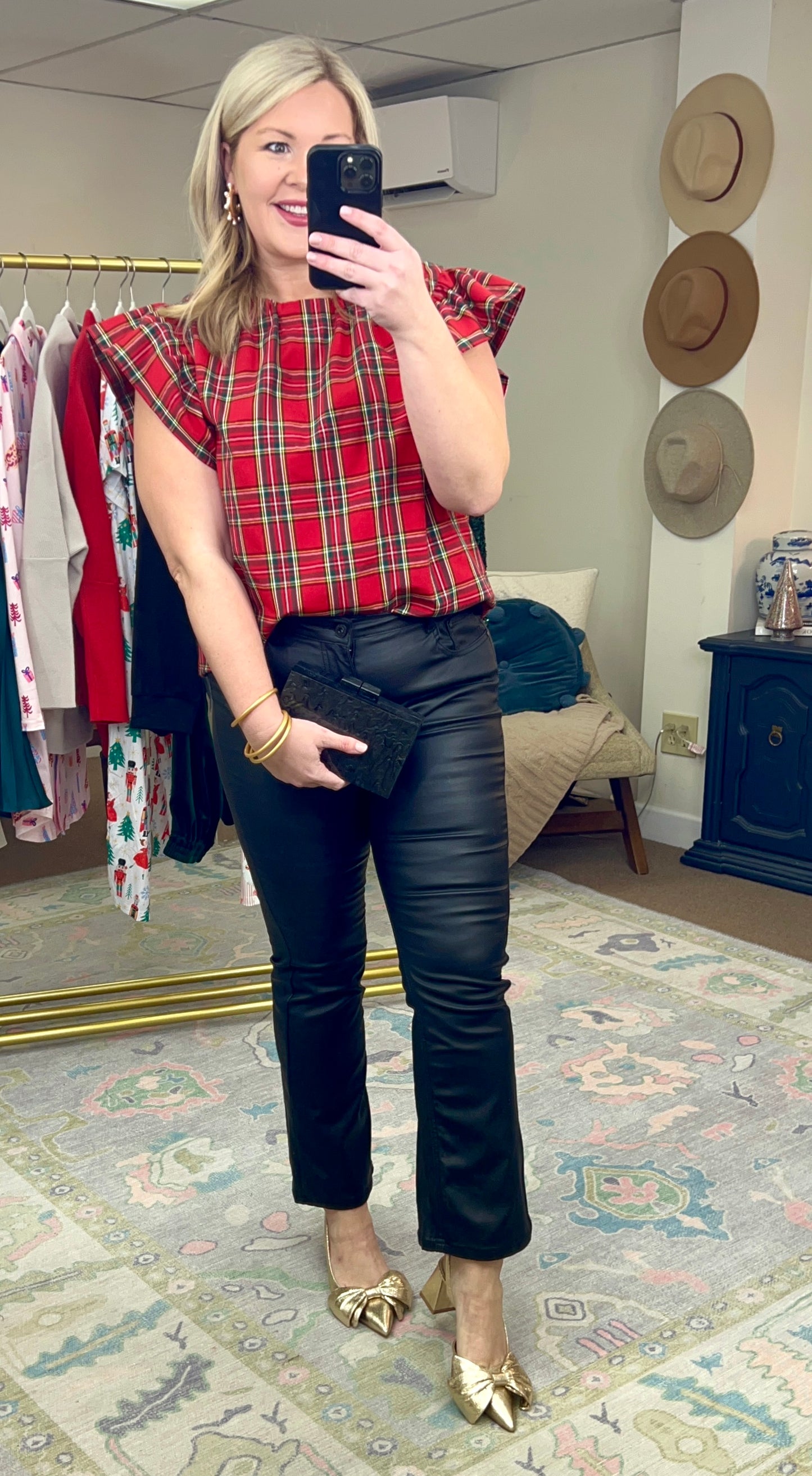 Darling Holiday Tartan Plaid Flutter Sleeve Blouse