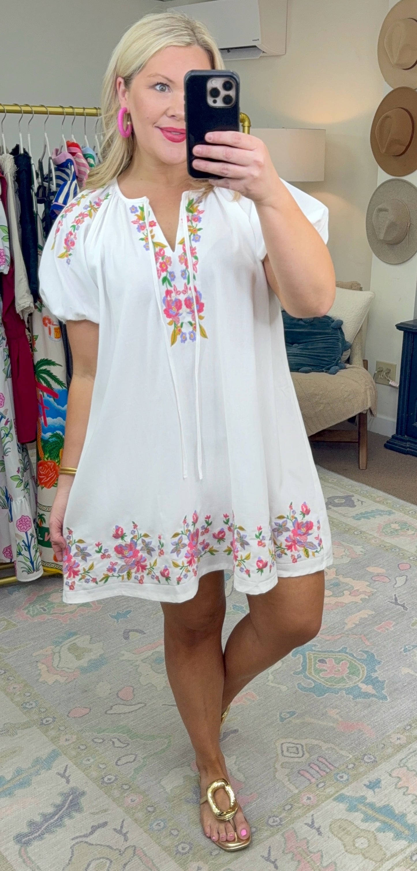 Daily Delight Linen Embroidered Puff Sleeve Dress