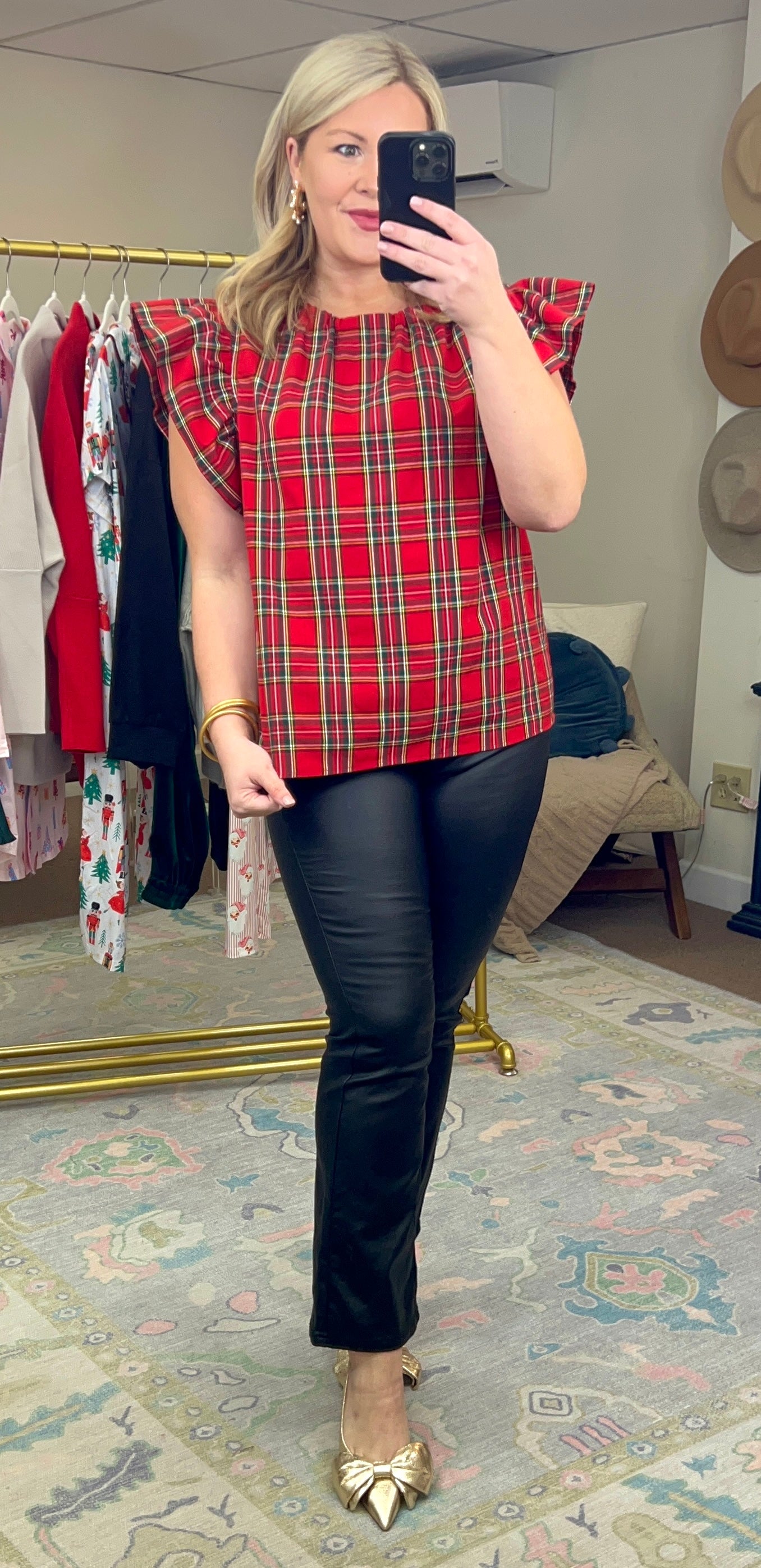 Darling Holiday Tartan Plaid Flutter Sleeve Blouse