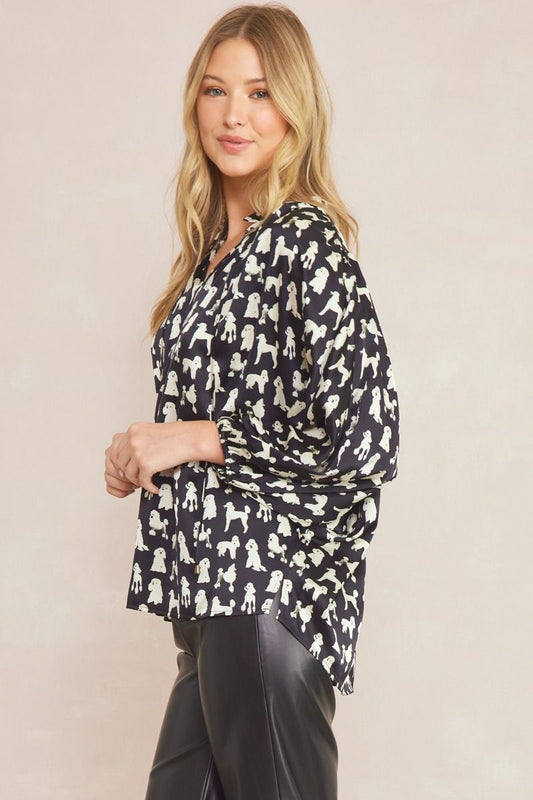 Dog Print Ruffle Blouse