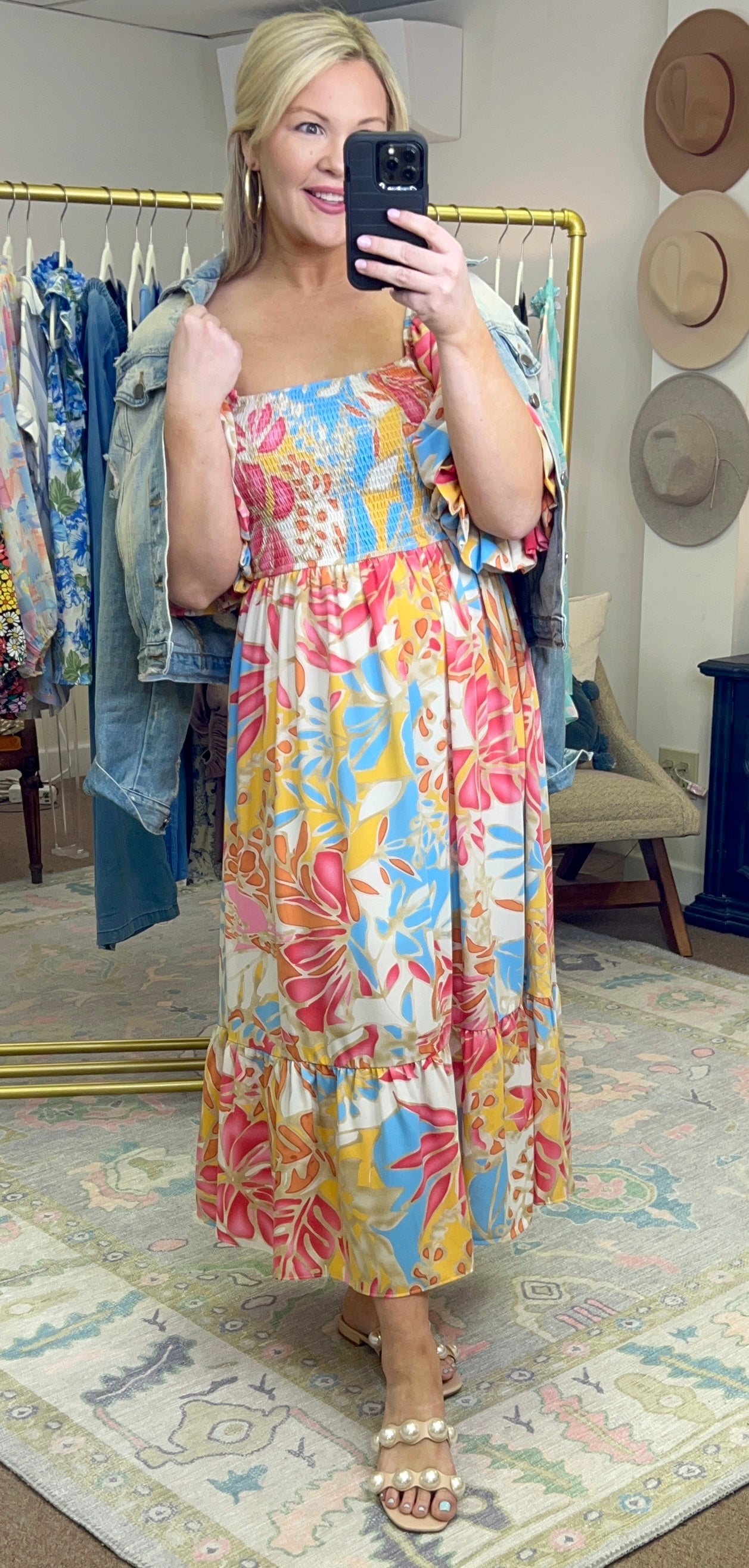 Somewhere Tropical Print Puff Sleeve Midi Dress