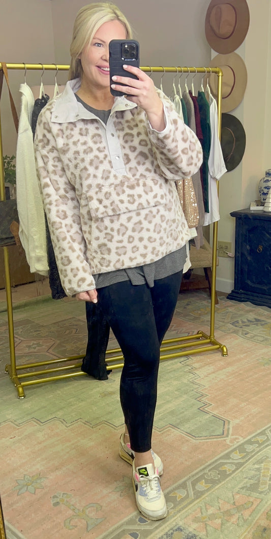 Leopard Print Snap Neck Pullover