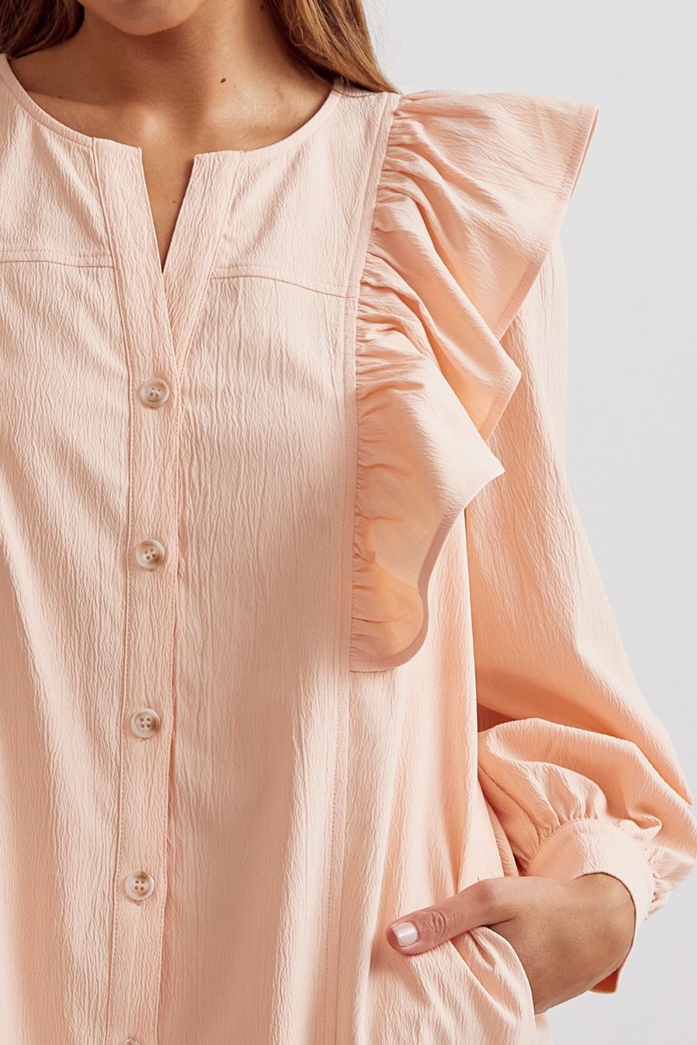 Just Around the Corner Peach Ruffle Shirt Dress