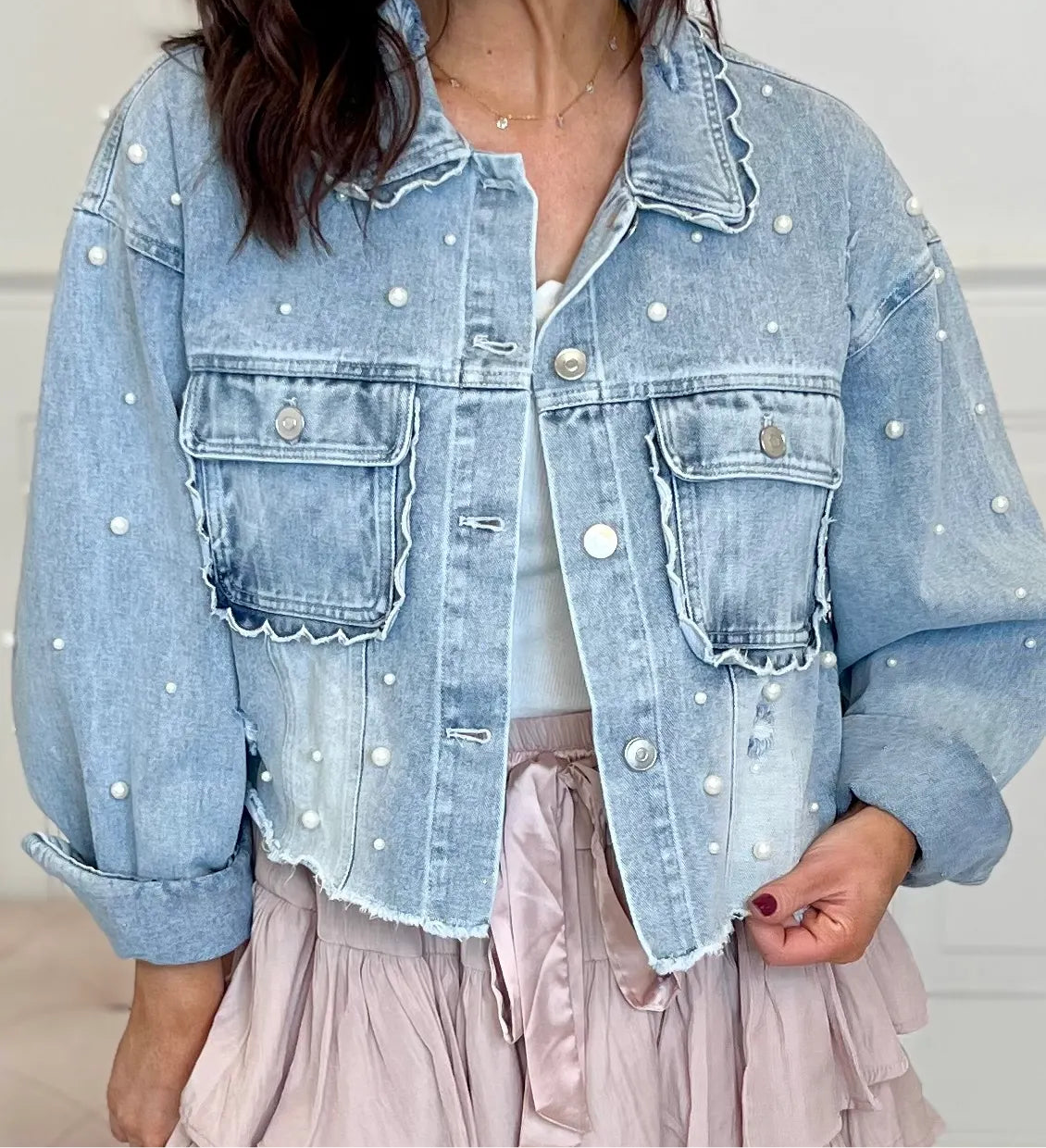 Sweet Gal Scallop Pearl Embellished Denim Jacket