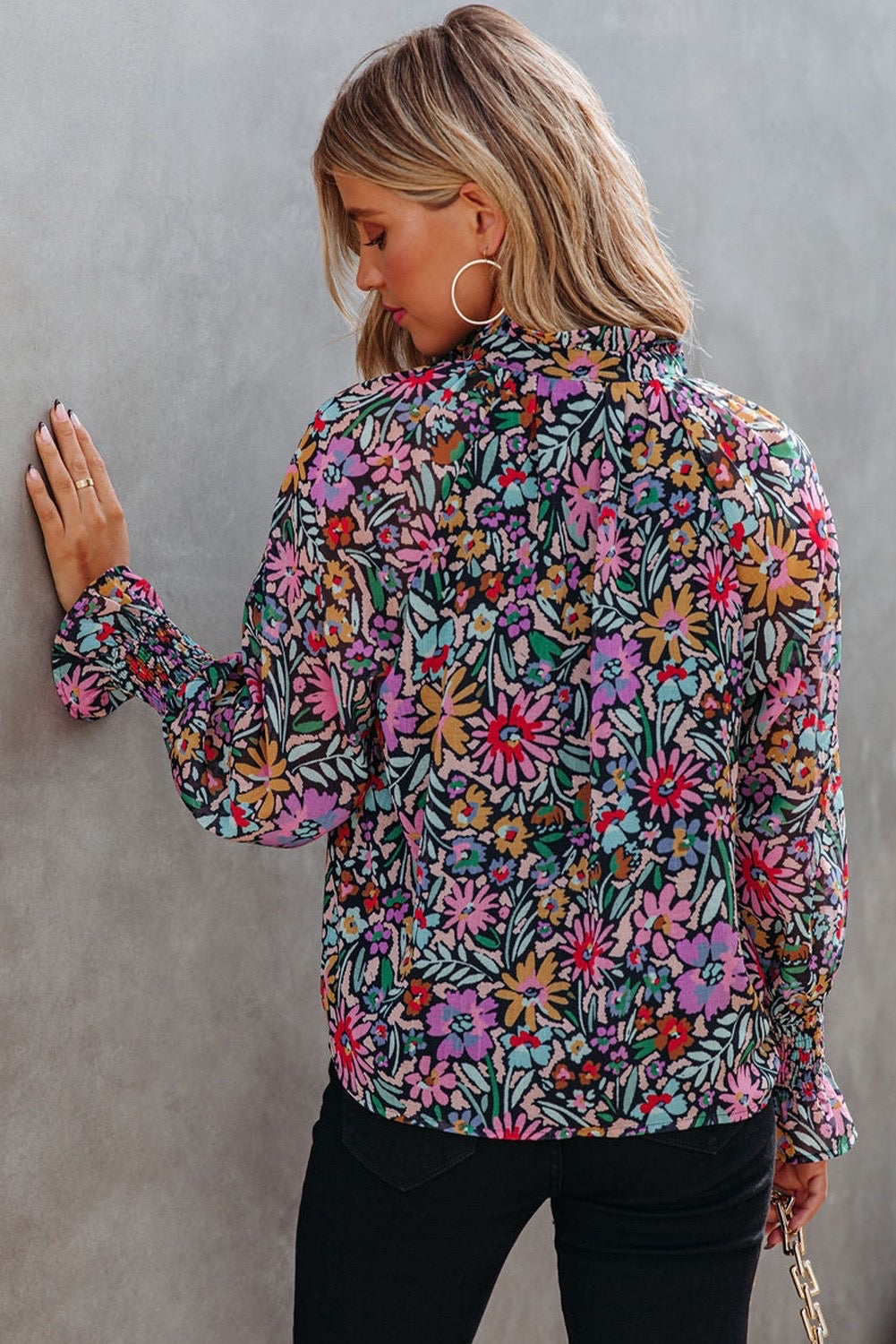 Black Multi Print Ruffle Blouse
