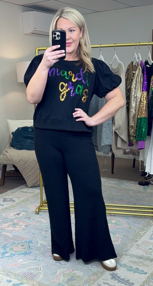 PEACH LOVE: Mardi Gras Sequin Puff Sleeve Top