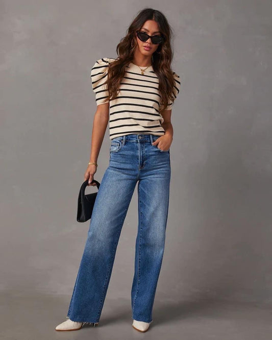 Walk The Line Stripe Puff Sleeve Knit Top