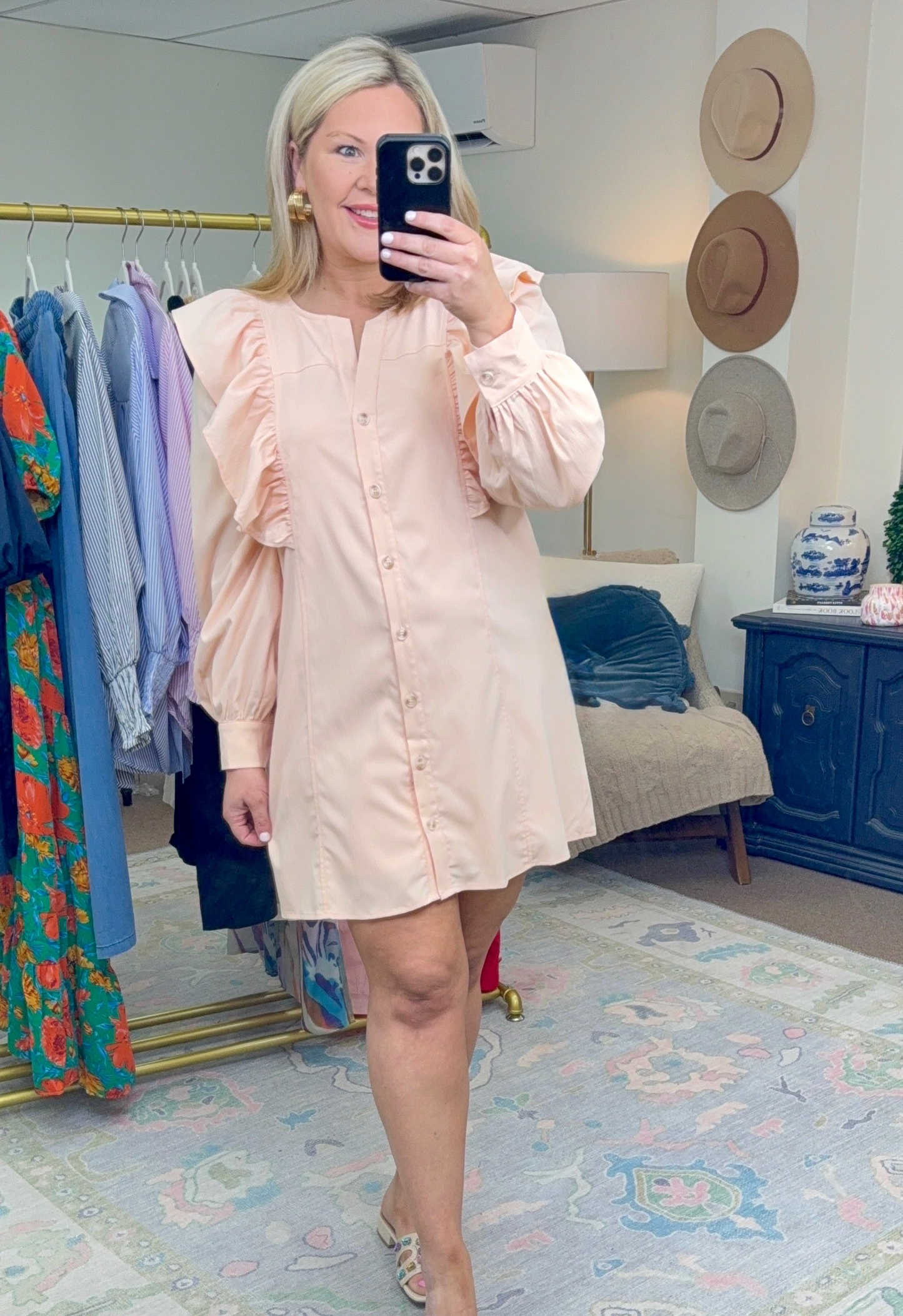 Just Around the Corner Peach Ruffle Shirt Dress