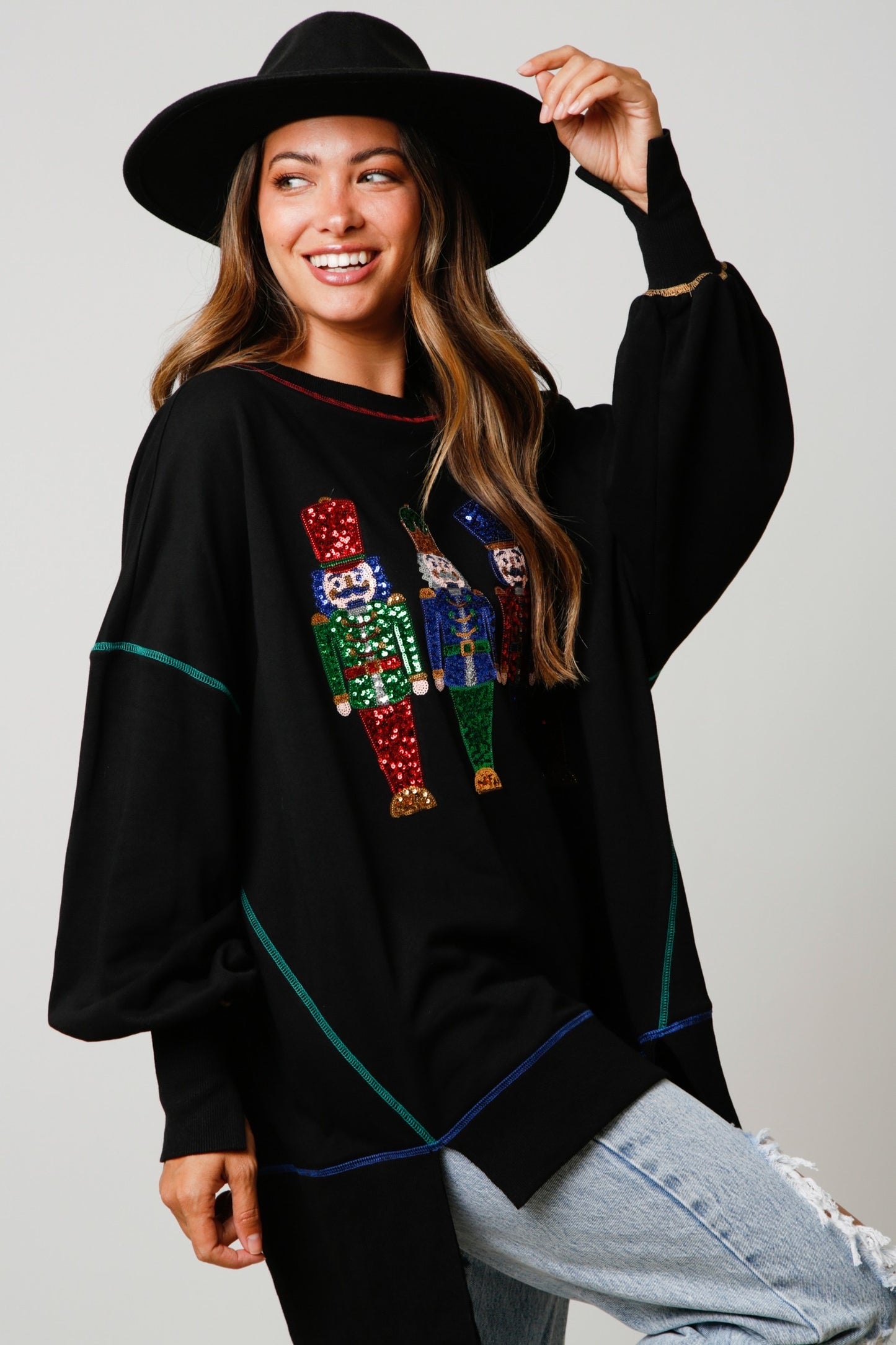 Hi-Lo Sequin Nutcracker Pullover