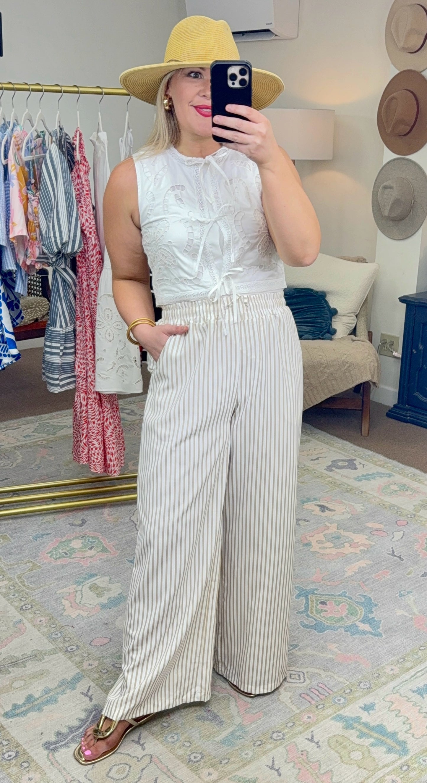 Moon River Embroidered Eyelet Tie Top