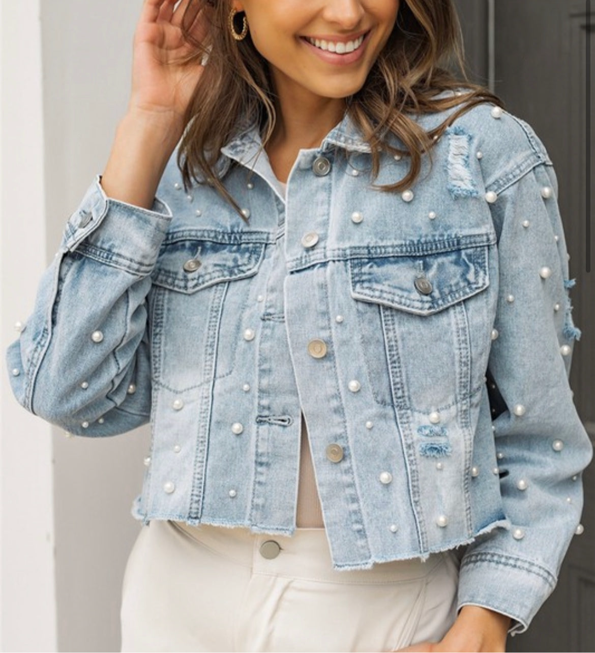 Distressed Pearl Embellished Denim Jacket