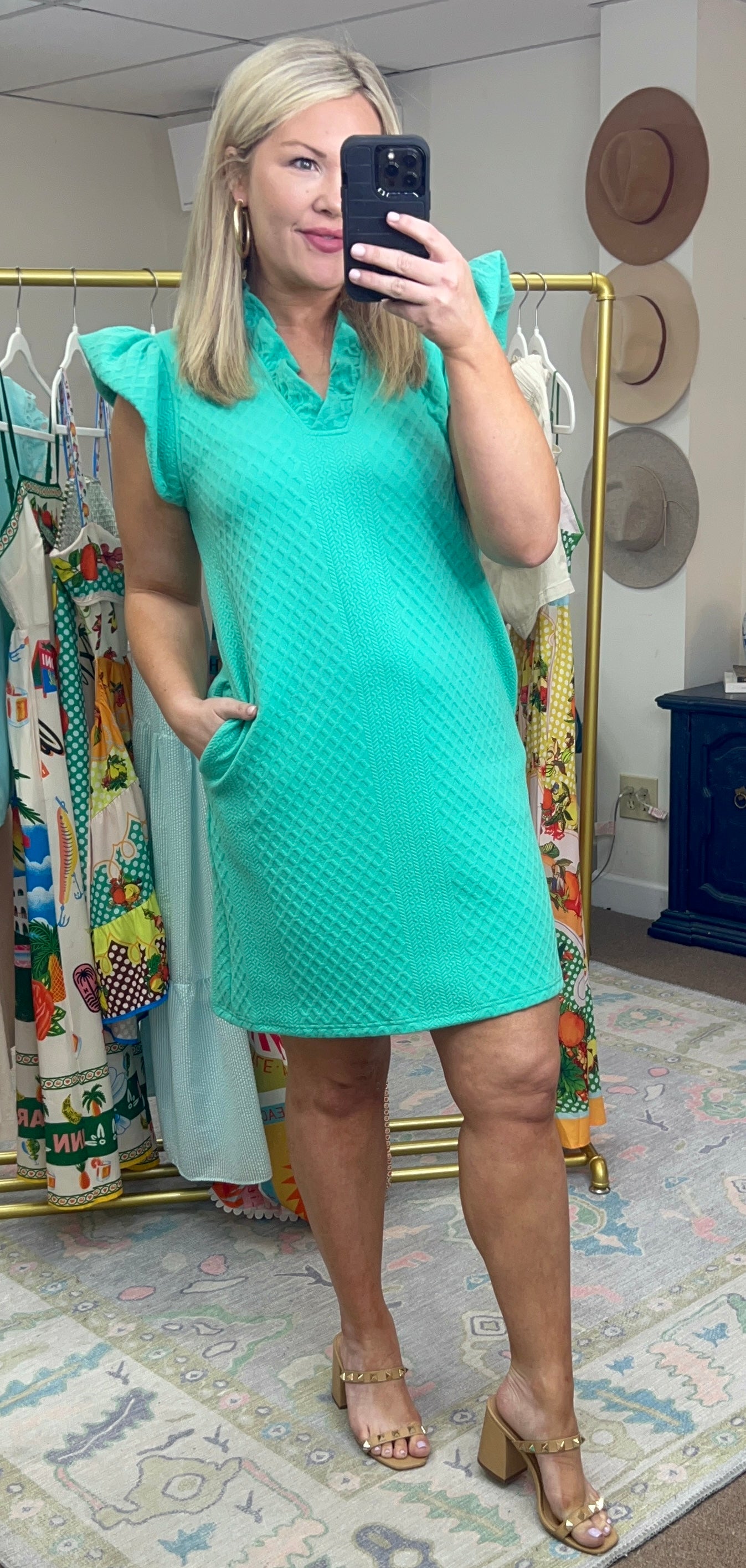 **MORE COLORS** Textured Ruffle Neck Dress