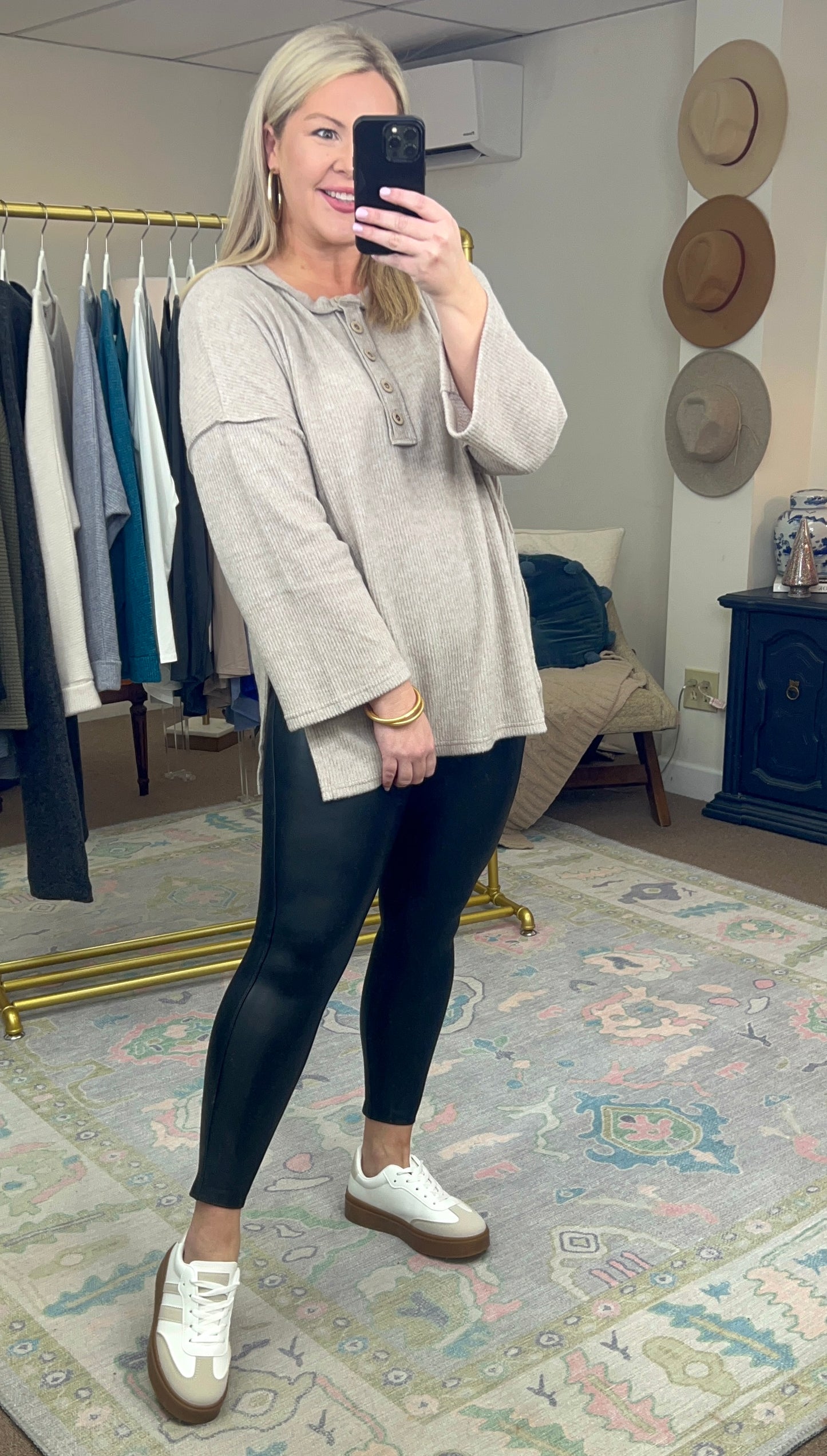 Crisp Morning Brushed Ribbed Knit Henley Top