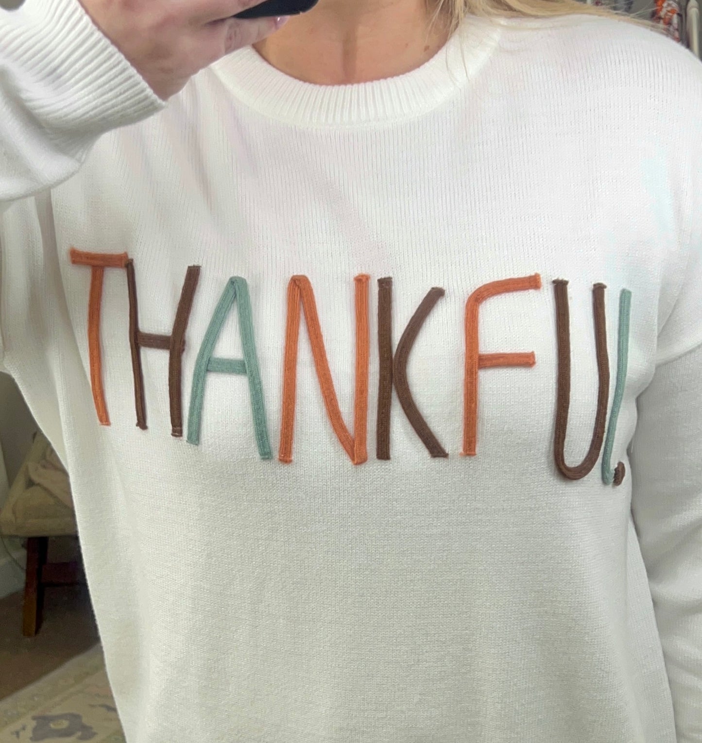 We Are Thankful Script Knit Sweater