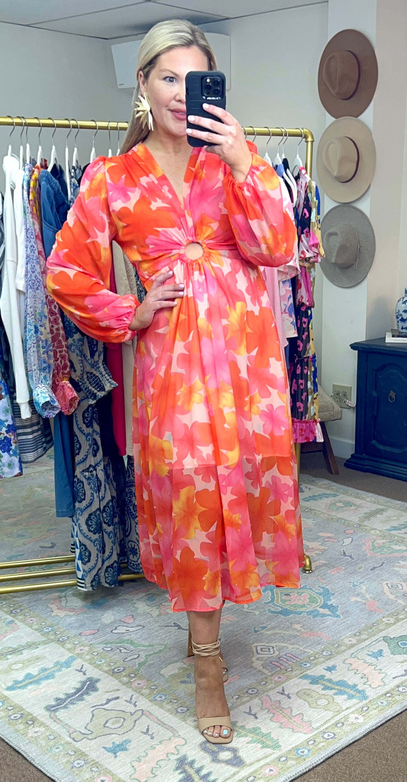 Vibrant Print O Ring Midi Dress