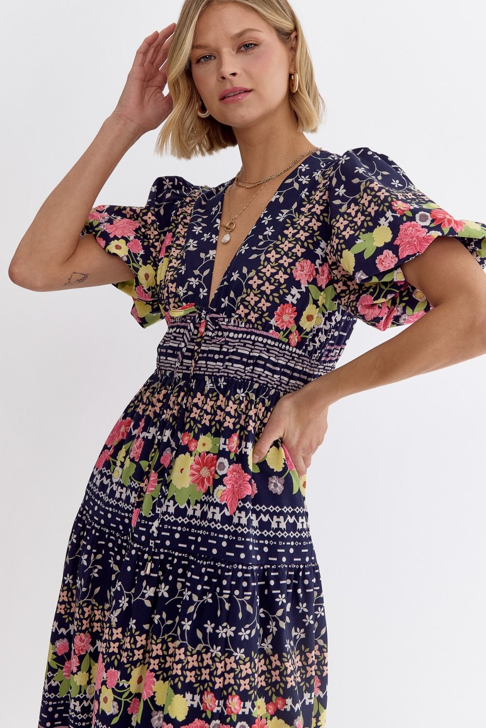 Floral V Neck Puff Sleeve Maxi Dress