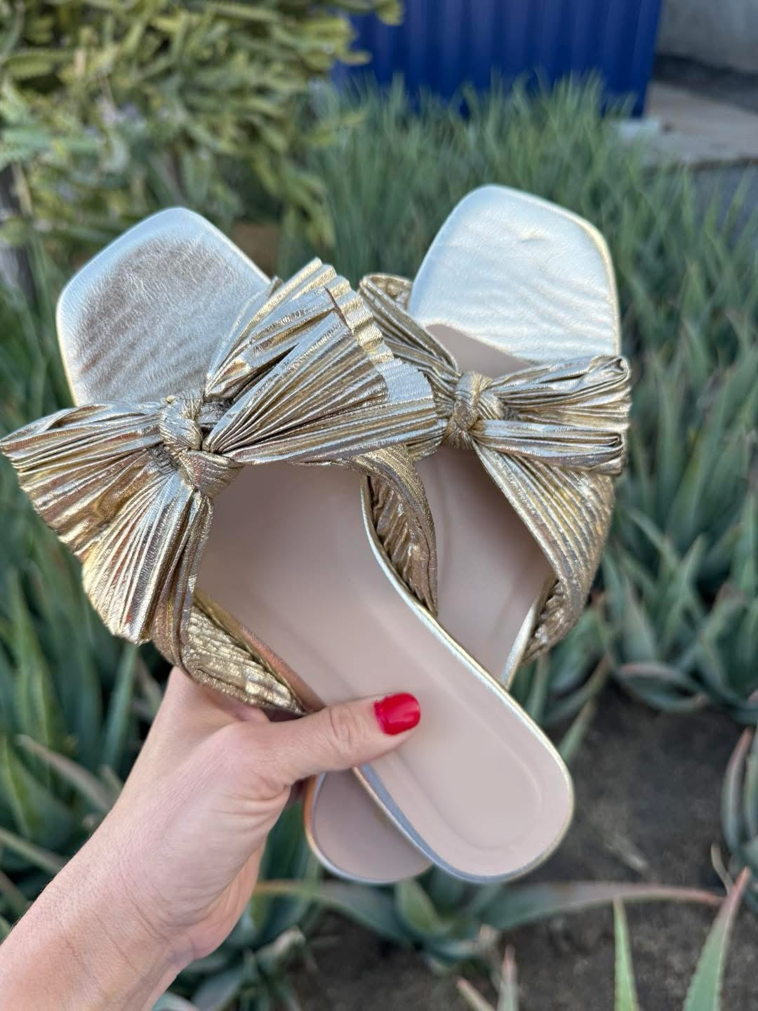 Effortless Elegance Metallic Pleat Bow Sandals