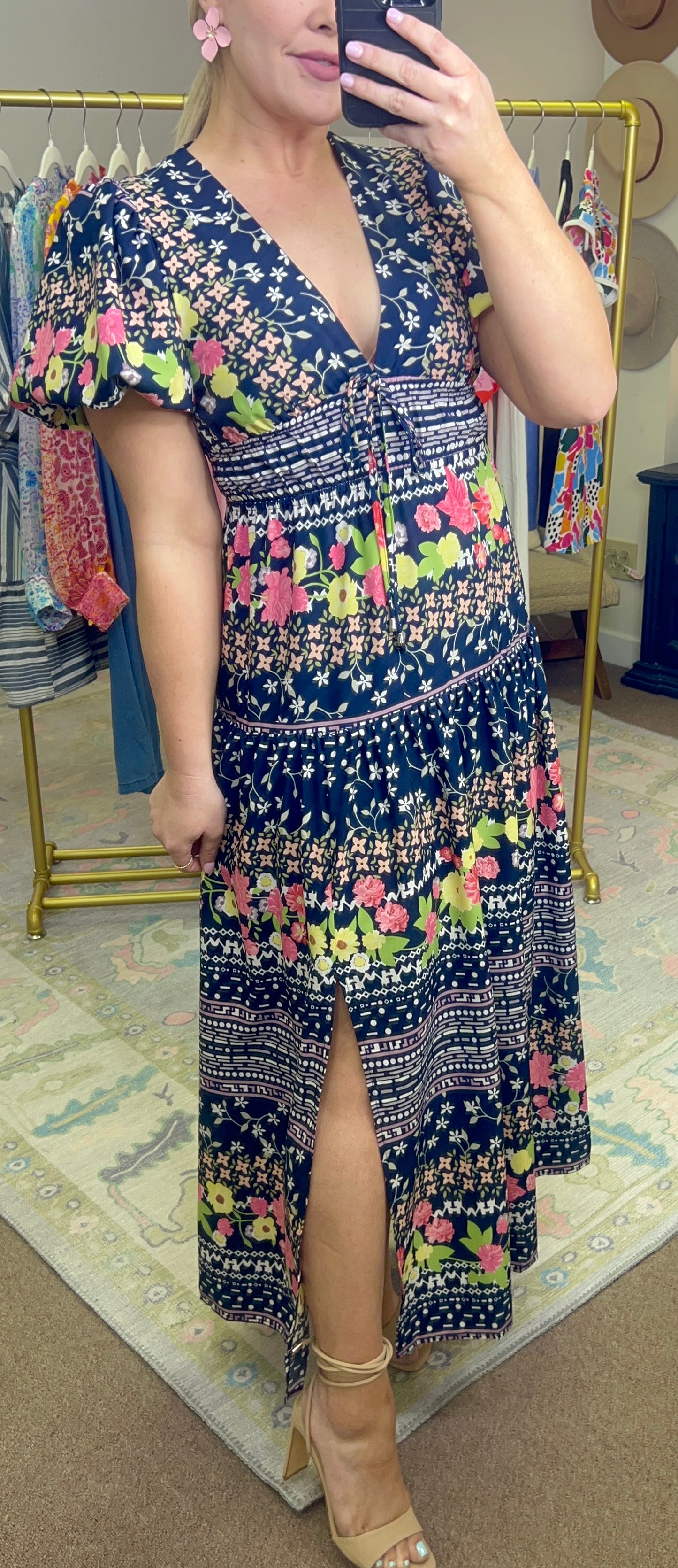 Floral V Neck Puff Sleeve Maxi Dress