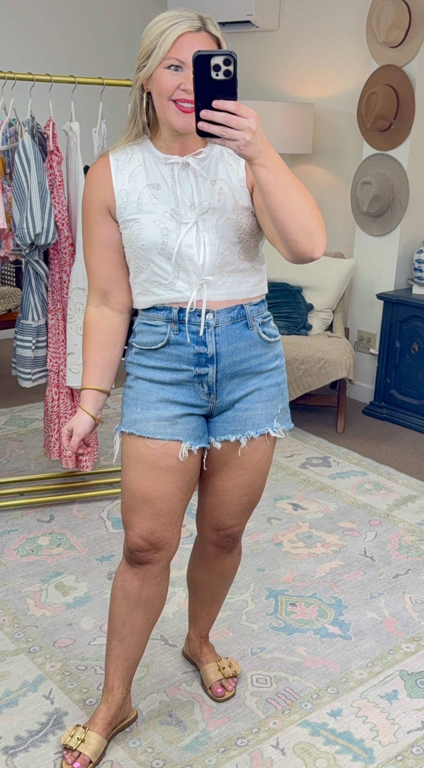 Moon River Embroidered Eyelet Tie Top