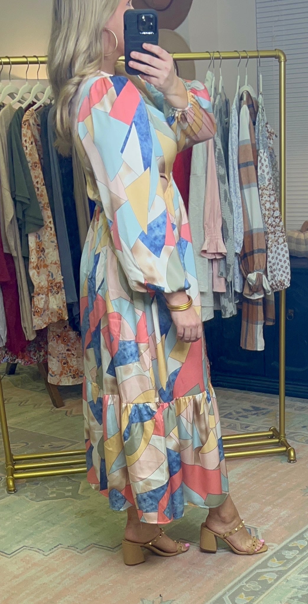 Long Sleeve Cut Out Abstract Maxi Dress