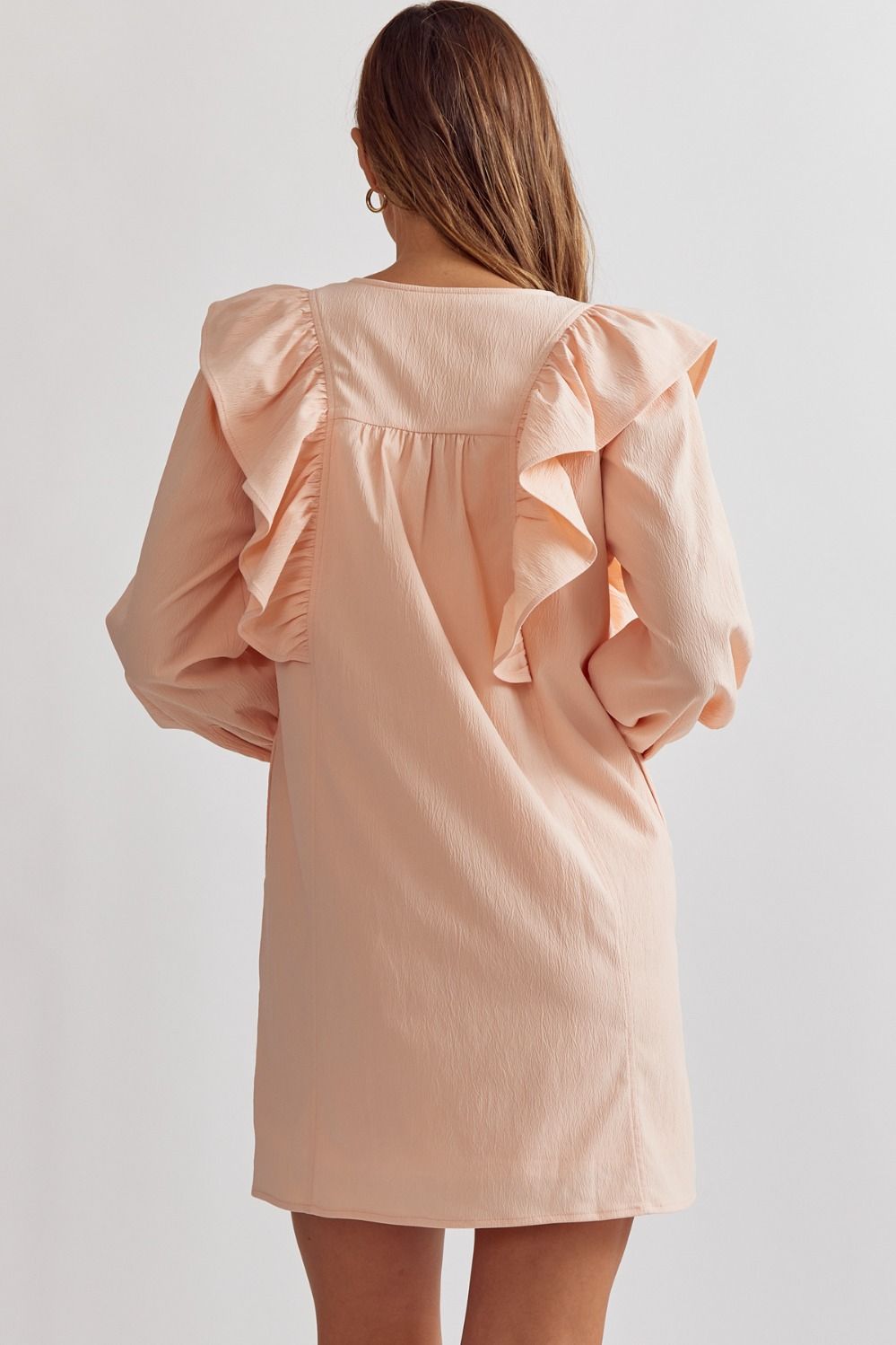 Just Around the Corner Peach Ruffle Shirt Dress
