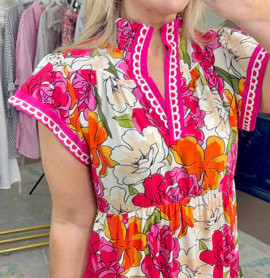UMGEE: Peony Promenade Floral Print Tiered Midi Dress