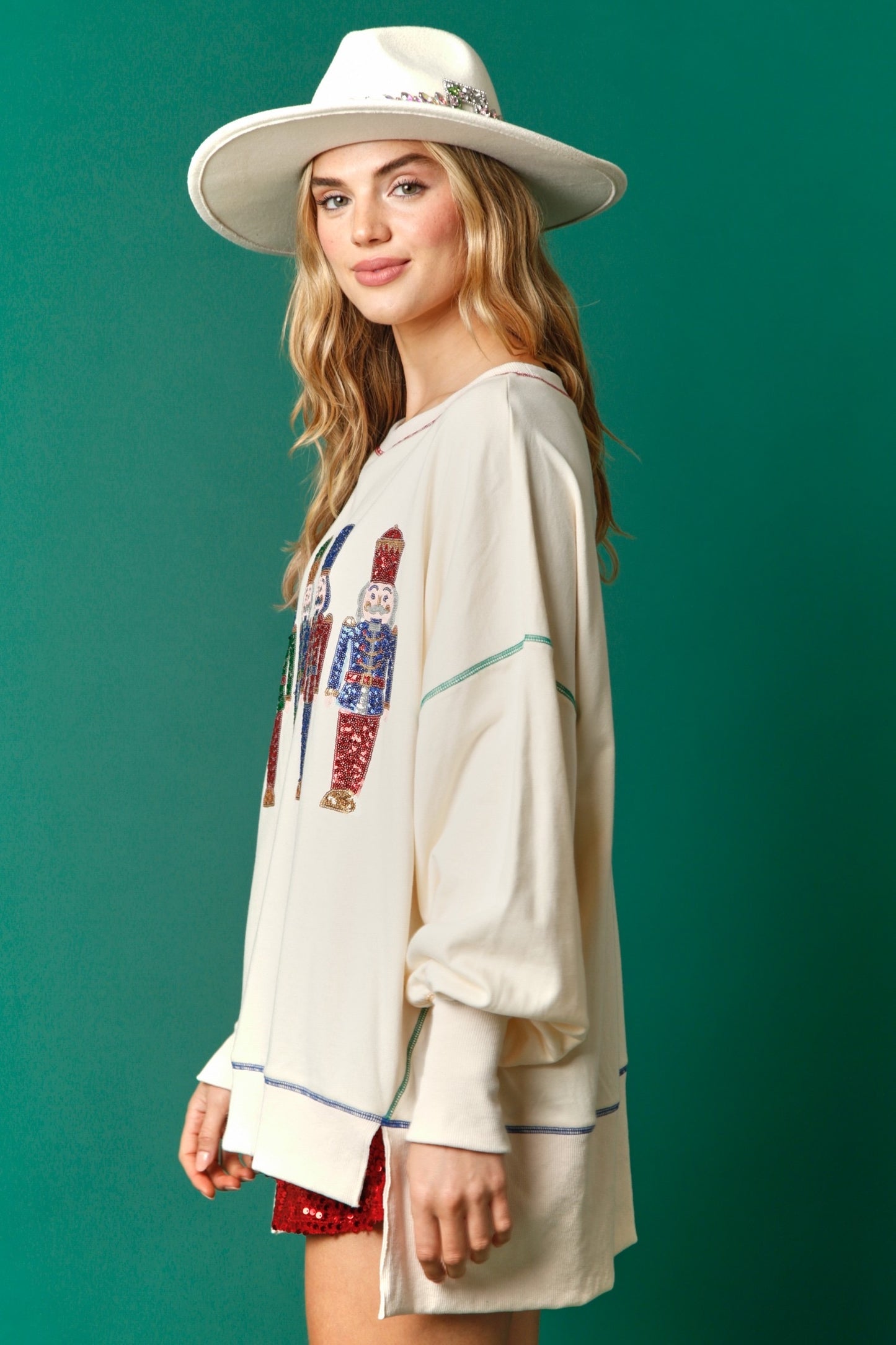 Hi-Lo Sequin Nutcracker Pullover