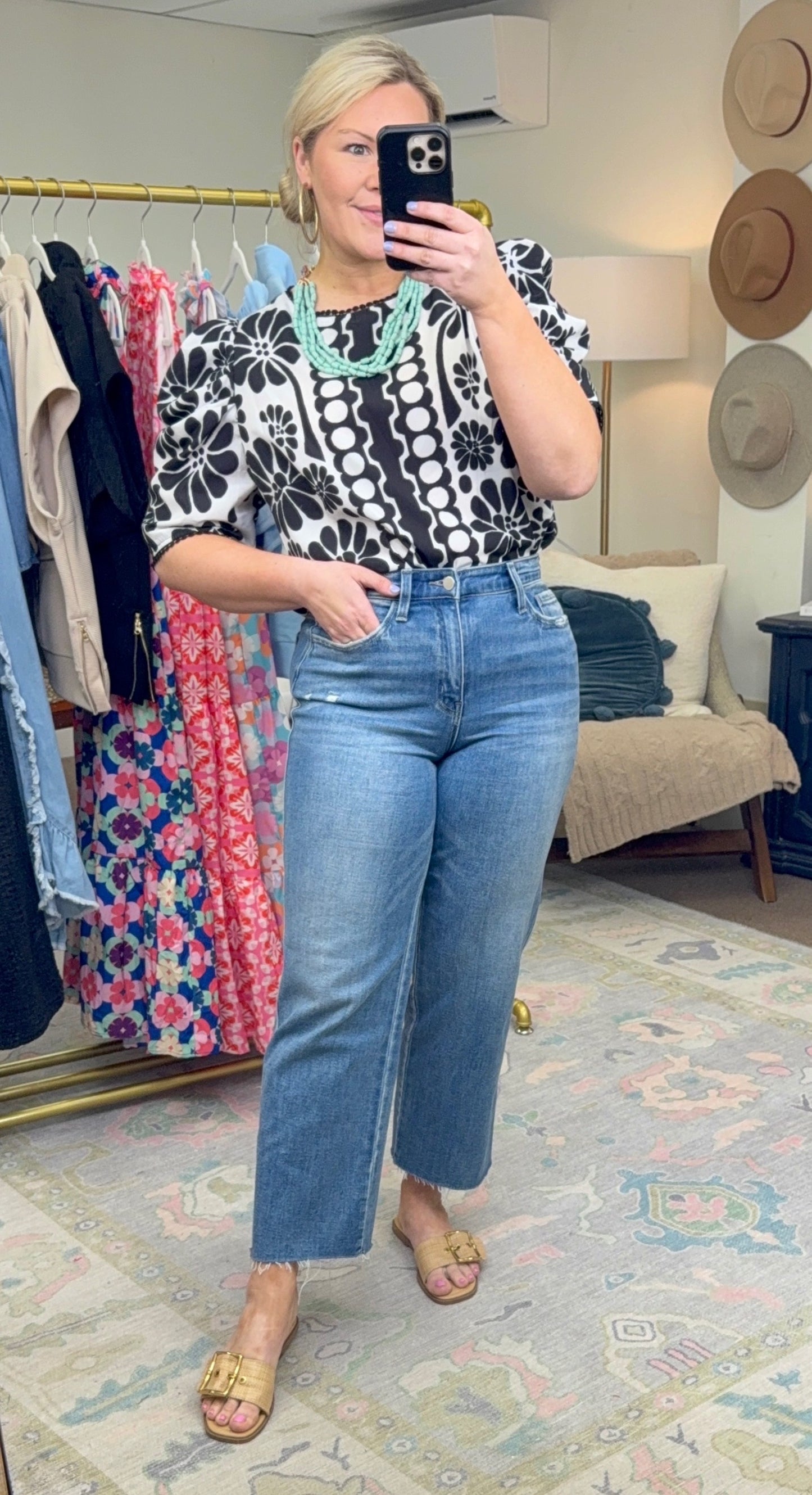 Black Print Puff Sleeve Blouse