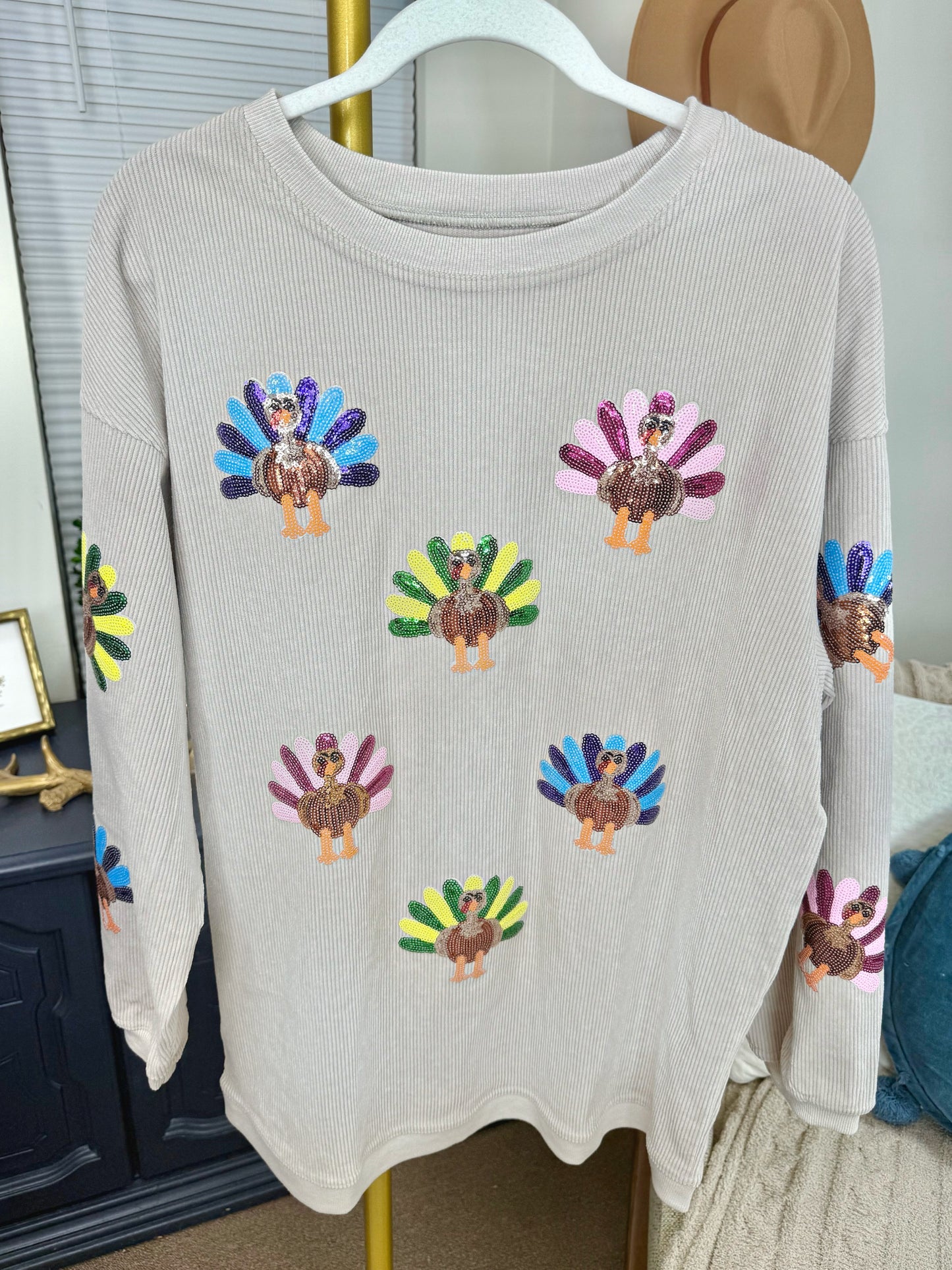 Shake Your Tail Feather Sequin Turkey Pullover Top