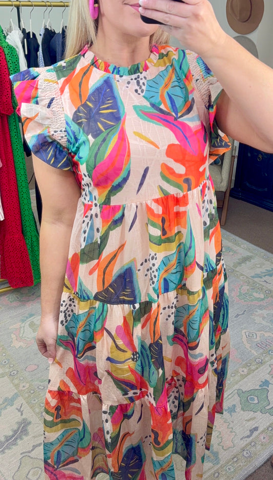 UMGEE: Party Under the Palms Print Tiered Midi Dress