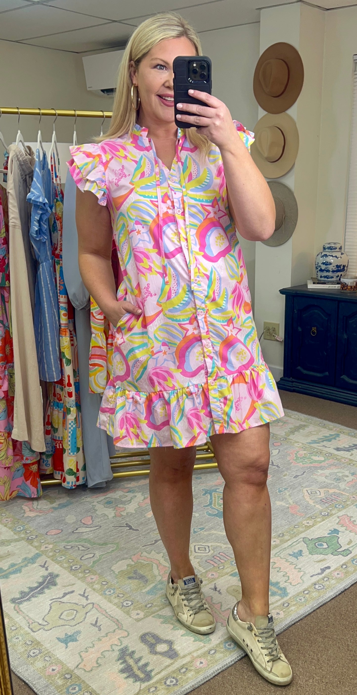 Summer Frills Print Button Down Dress