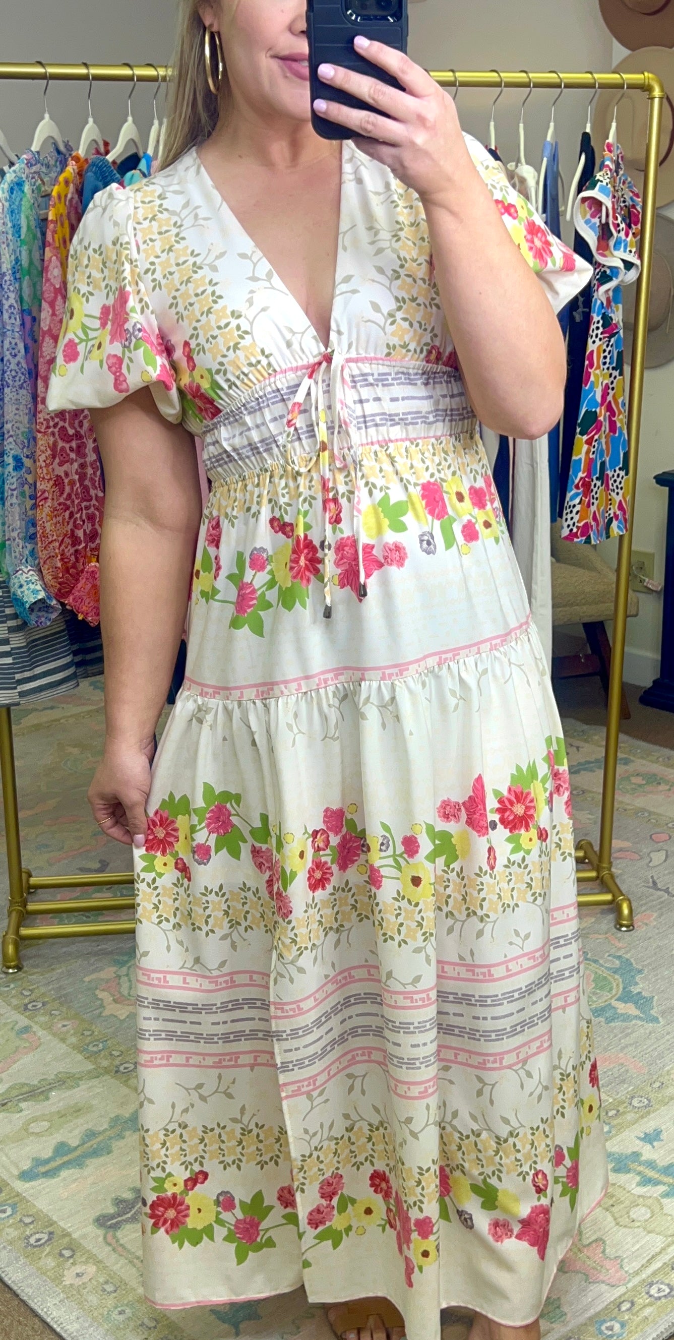 Floral V Neck Puff Sleeve Maxi Dress