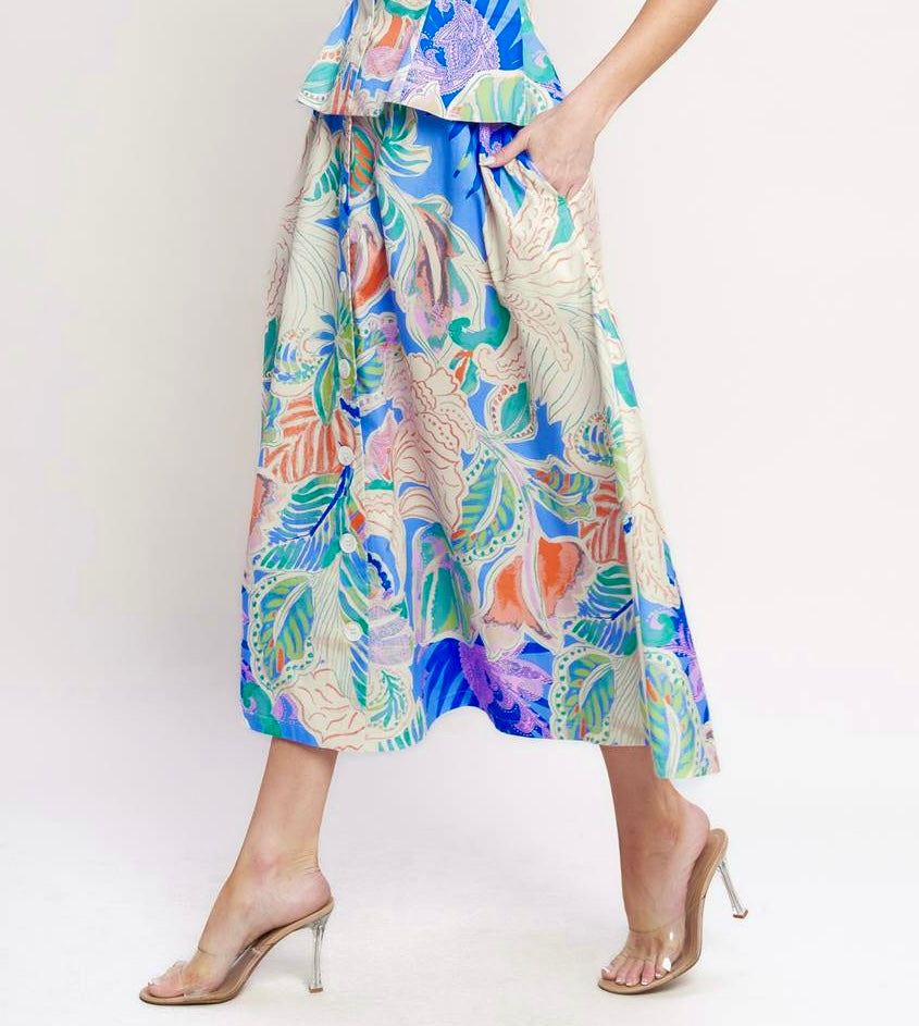 Watercolor Tropique Printed Midi Skirt