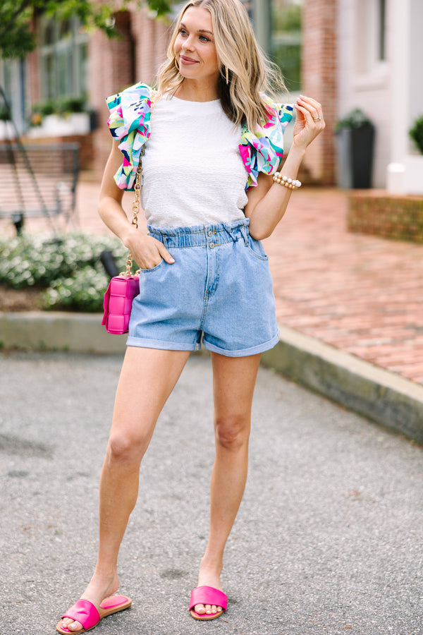 Colorful Life White Puff Print Sleeve Top