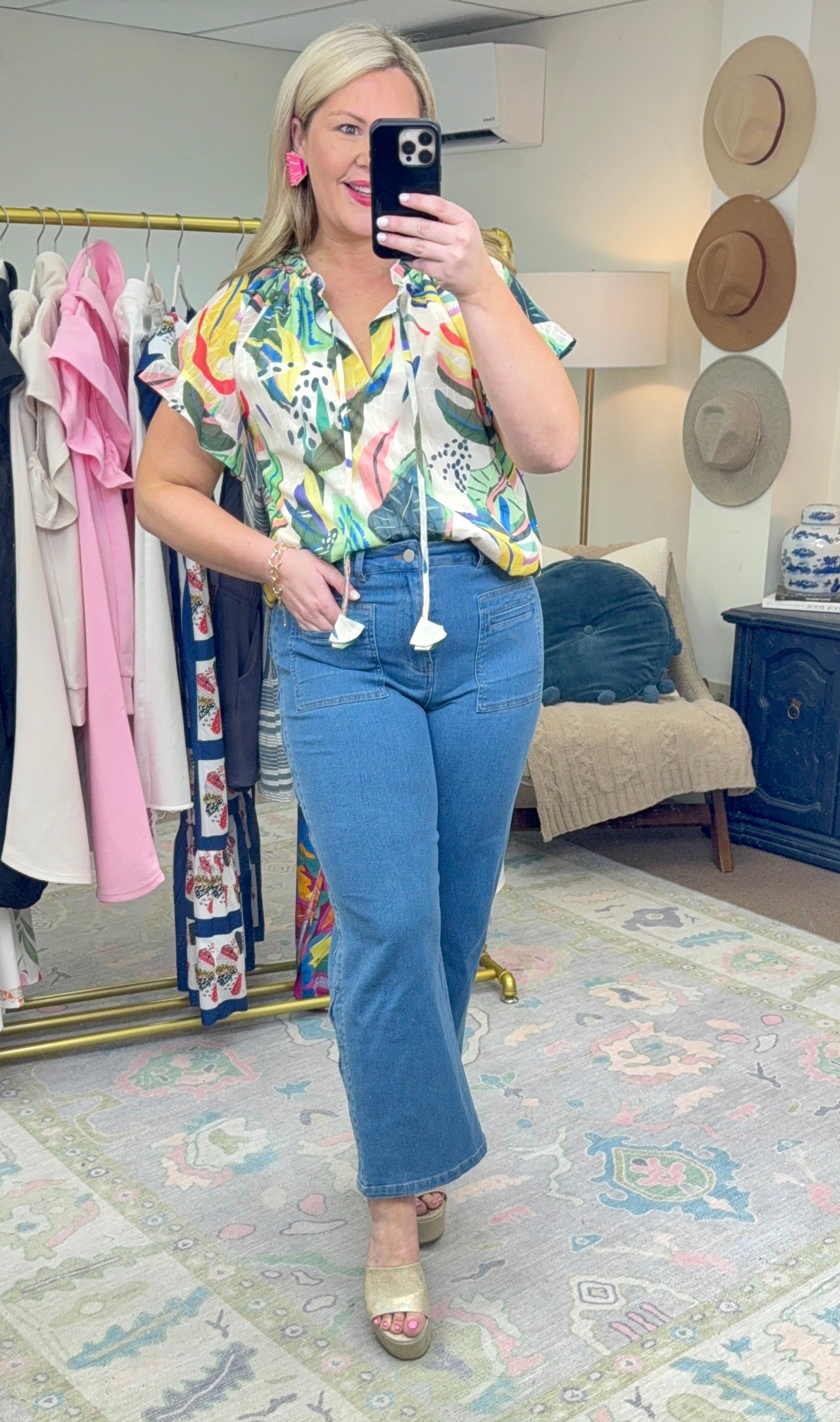 Palms Away Abstract Print Blouse
