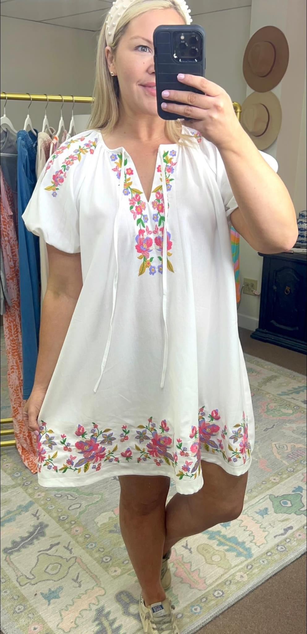 Daily Delight Linen Embroidered Puff Sleeve Dress