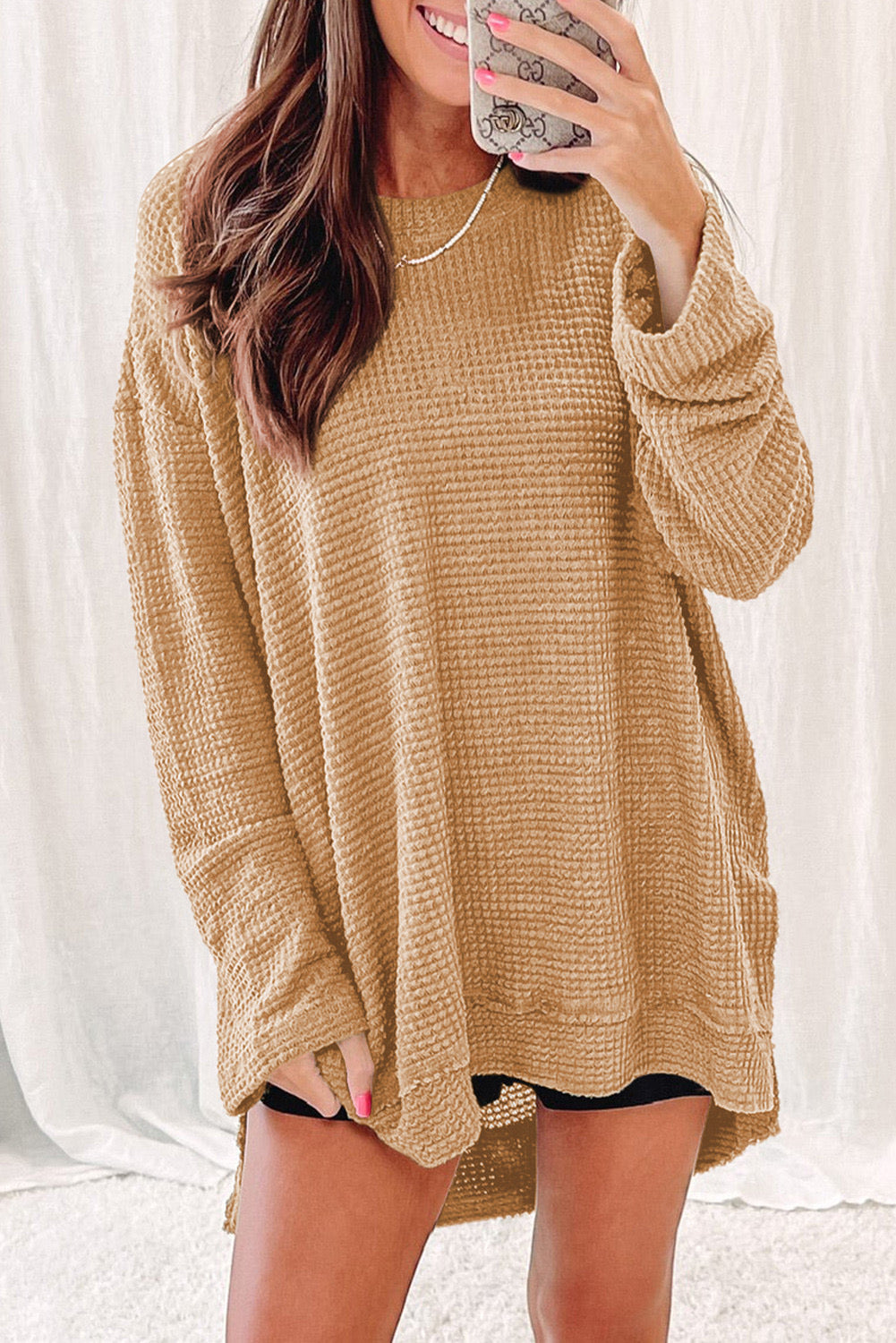 **MORE COLORS** Try Anything Raw Hem Waffle Knit Tunic Top