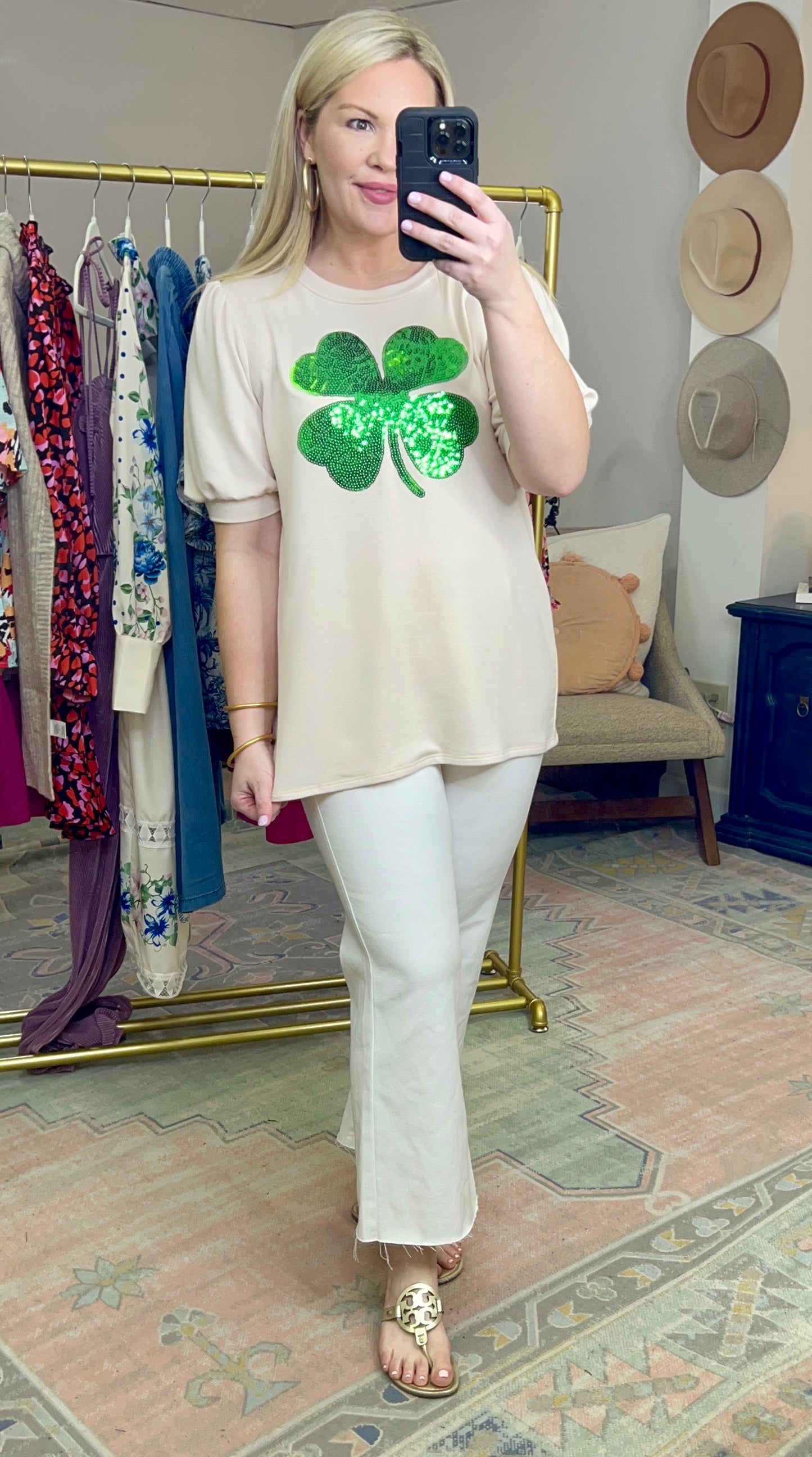 Sequin Clover Puff Sleeve Top