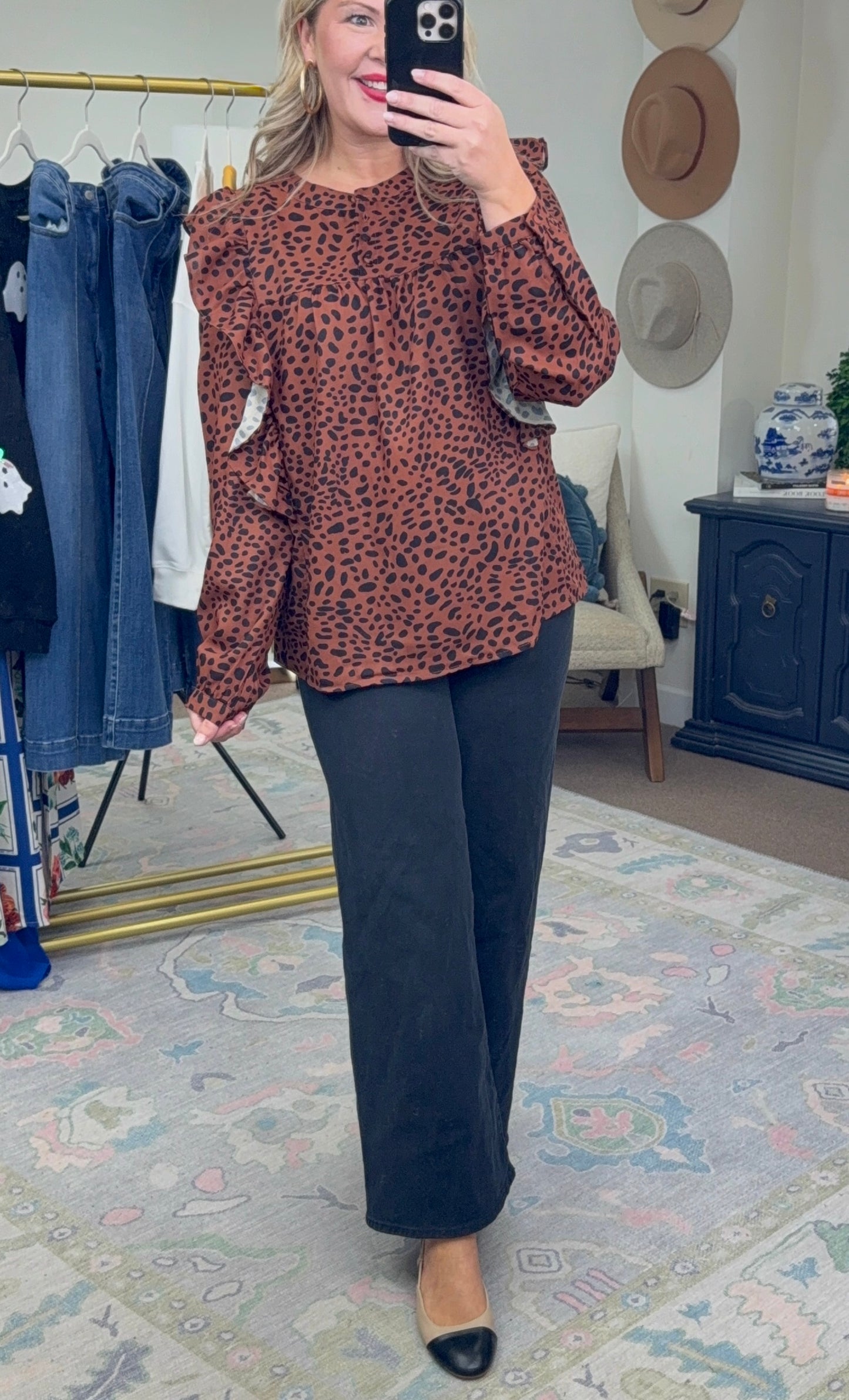 Haute Spot Print Ruffle Blouse