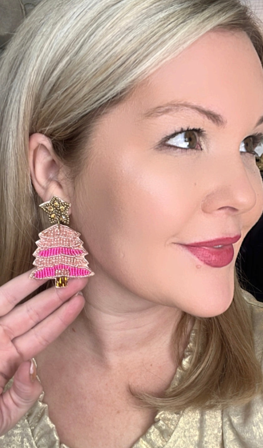 Pink Christmas Tree Beaded Earrings